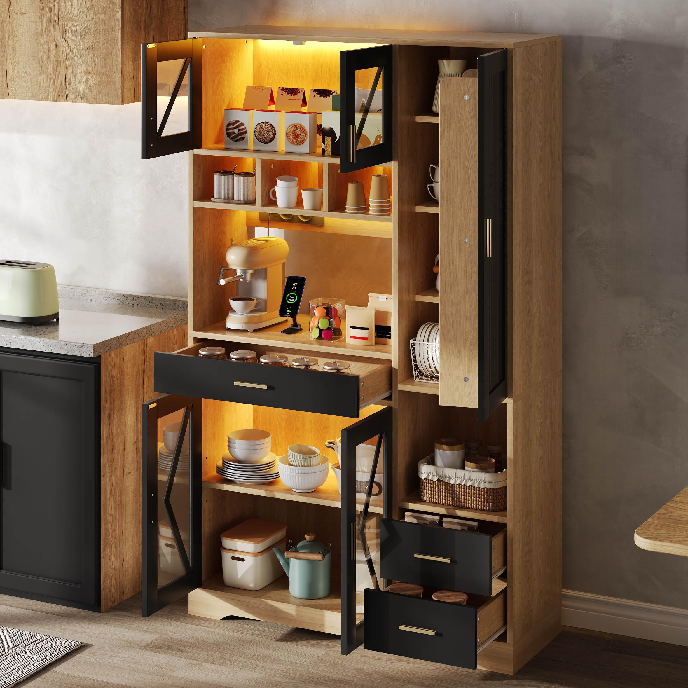 FurnitureR Küchenhochschrank, hoher Küchenschrank 105 x 40 x 185 cm, Schwarz, MDF Vorratsschrank mit 5 Türen und 3 Schubladen, APP-LED, Steckdosenleiste, als Stauraumlösung für Küche und Apartment