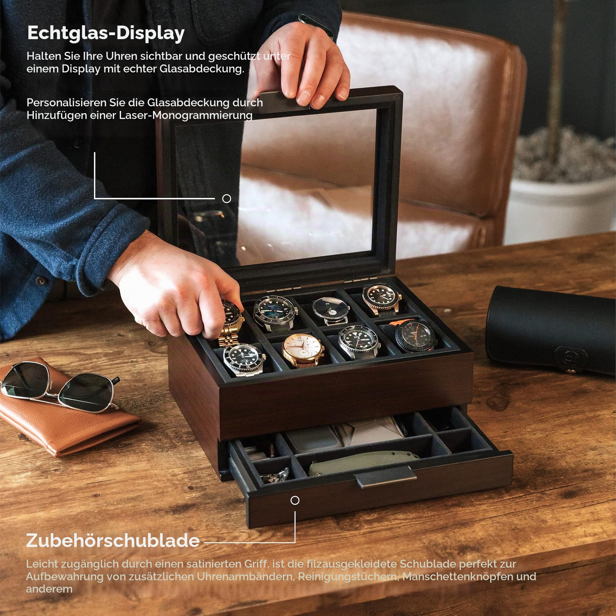 CASE ELEGANCE Uhrenbox mit 8 Fächern für Herren, Kirschholz-Walnuss-Finish, Uhrenvitrine, modulares Valet-Tablett, Apple Watch kompatibel mit Apple Watch-Ständer – Braun
