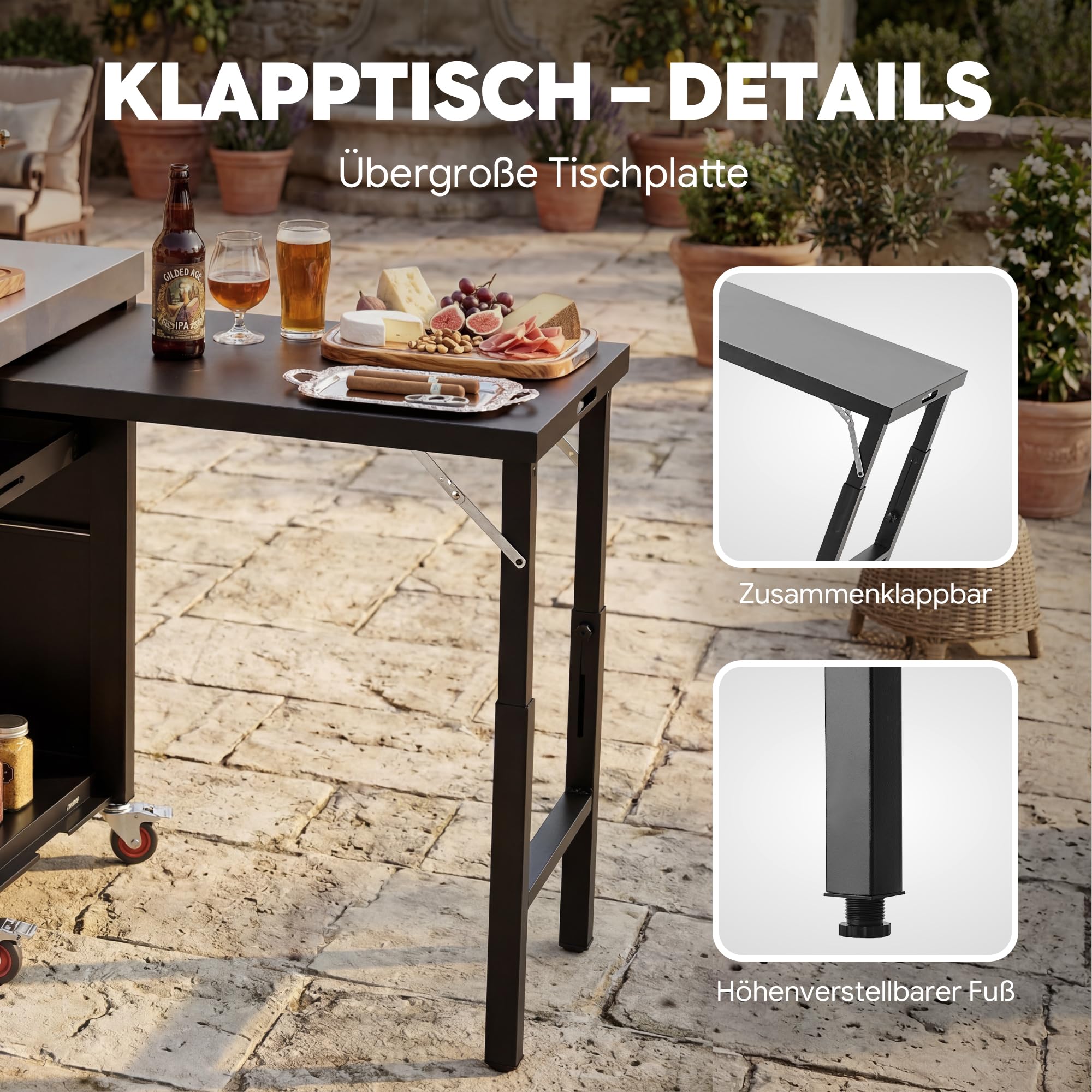 Outdoor-Küche Grillwagen Outdoor Grilltisch Outdoor wetterfest mit Schrank | 188x66x92 cm Servierwagen Pizzatisch mit 2 Klappbarer Beistelltisch, ausziehbare Ablage, für Pizzaofen, Außenküche,Terrasse