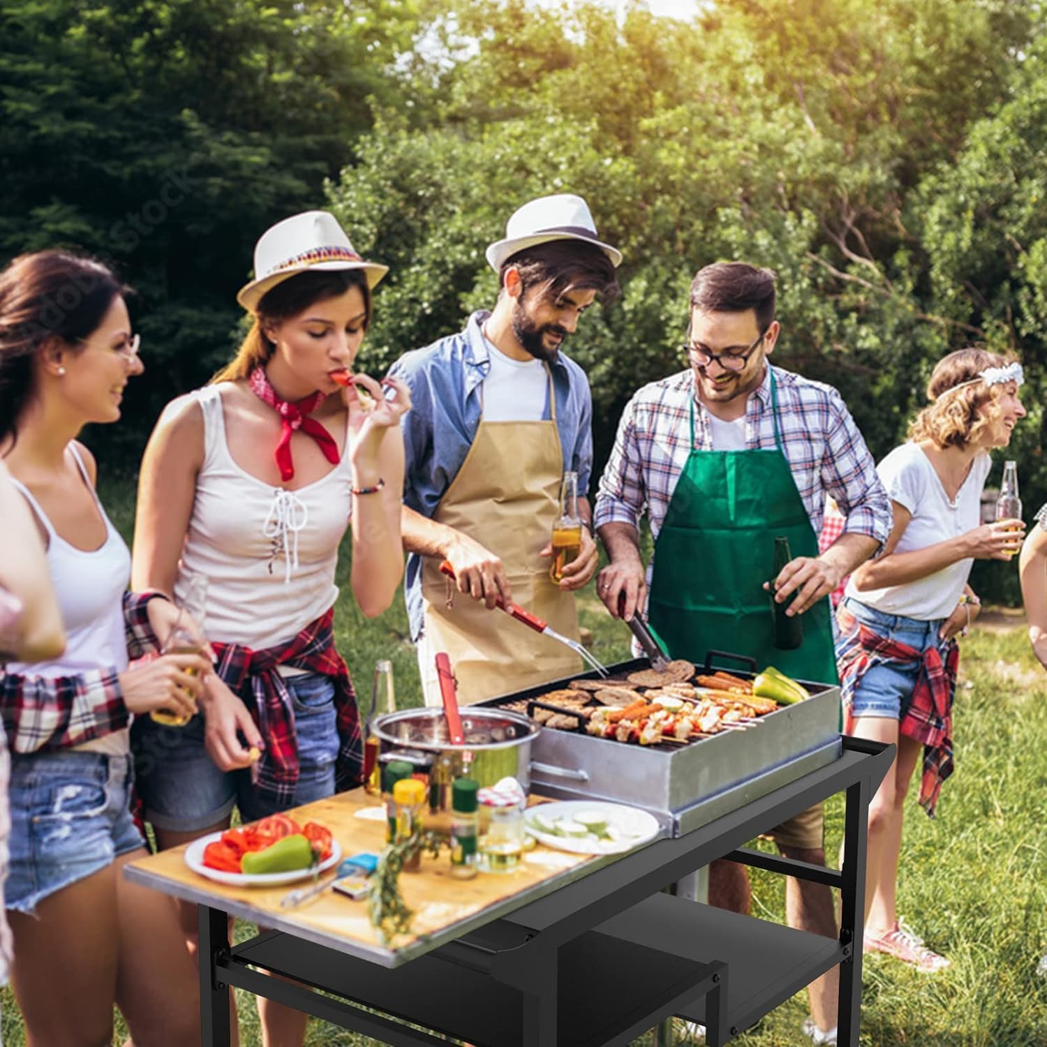 20" x 32" Mesa de barbacoa móvil de tres niveles, mesa de barbacoa multifuncional para exteriores, carrito de barbacoa con ruedas