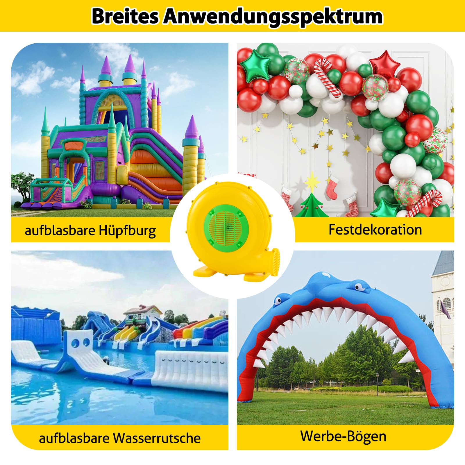 RELAX4LIFE 450W Gebläse Hüpfburg, Luftgebläse mit Praktischem Griff und 2 Erdspießen, Leistung 1650 Pa, Kapazität 850 m³/h, Elektrische Gebläse für Hüpfburgen, Wasserrutschen, Gelb
