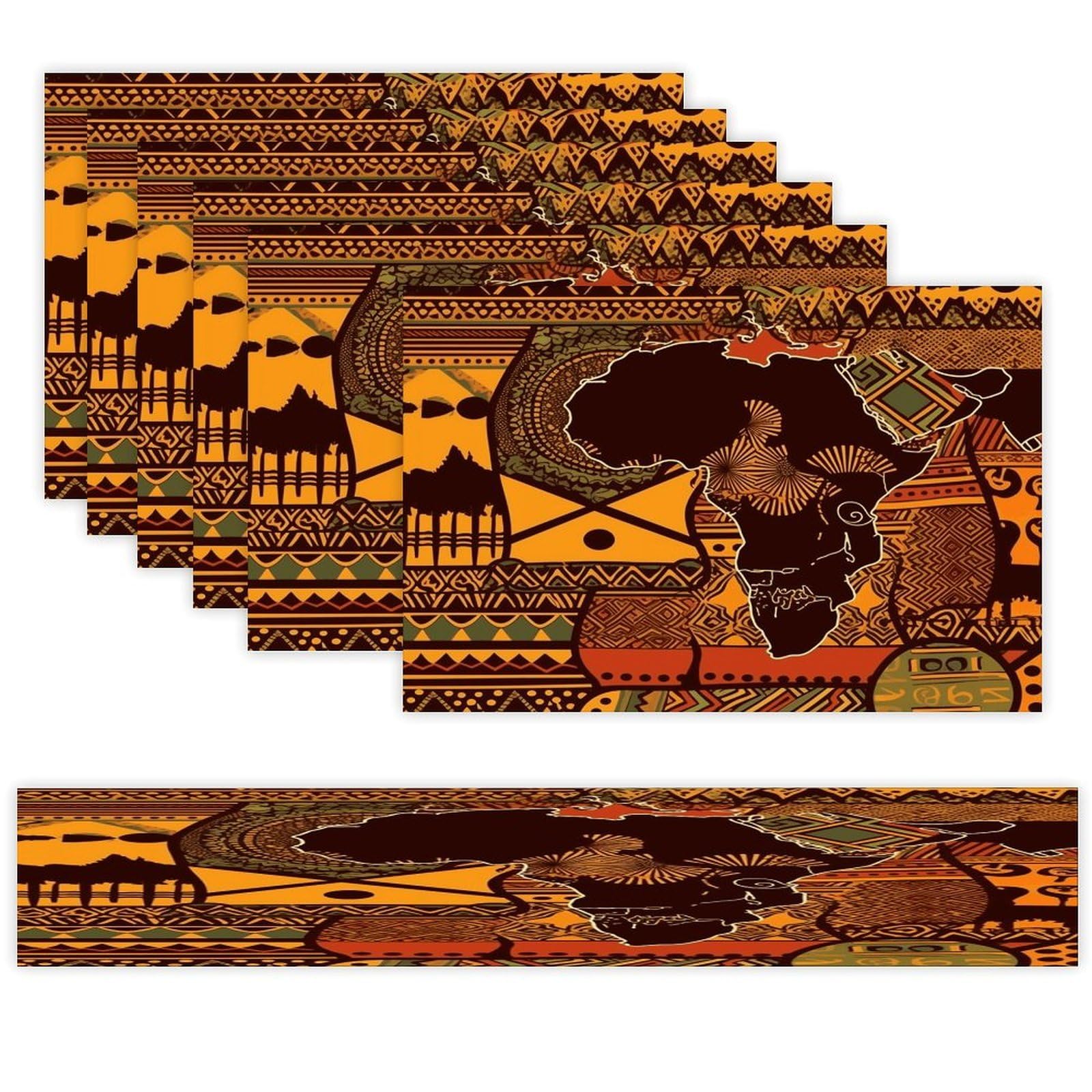 African Map Ethnic Pattern Table Runner and Placemats of 6 Washable Heat Resistant Place Mats with Table Runner Vintage Holiday Table Mat Set for Holiday Party Kitchen Dining Deco