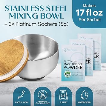 Japanese Nuru Massage Gel Powder & Bowl Set, 3 x 5g Sachets + Mixing Bowl | Japanese-made Platinum nuru powder, vegan, paraben & glycerin free, water based. Mixes in the steel bowl. Makes 50.7 fl oz