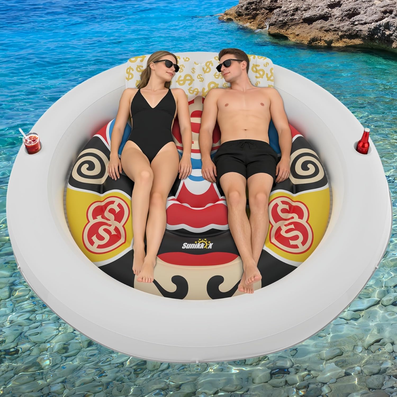 Sunikko X 73"x73" Inflatable Tanning Pool Floats Lounger Bed for Adults, Lucky Design XL Round Blow Up Pool Raft with Cup Holders, Pillow, 500lb, Sunbathing, Pool, Beach, Lake, Backyard Party