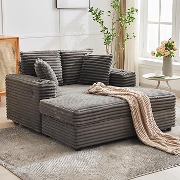 60 Inch Indoor Chaise Lounge, Comfortable Corduroy Reclining Sofa with USB Ports, Cup Holders & Decorative Throw Pillows for Living Room, Office & Apartment -Gray