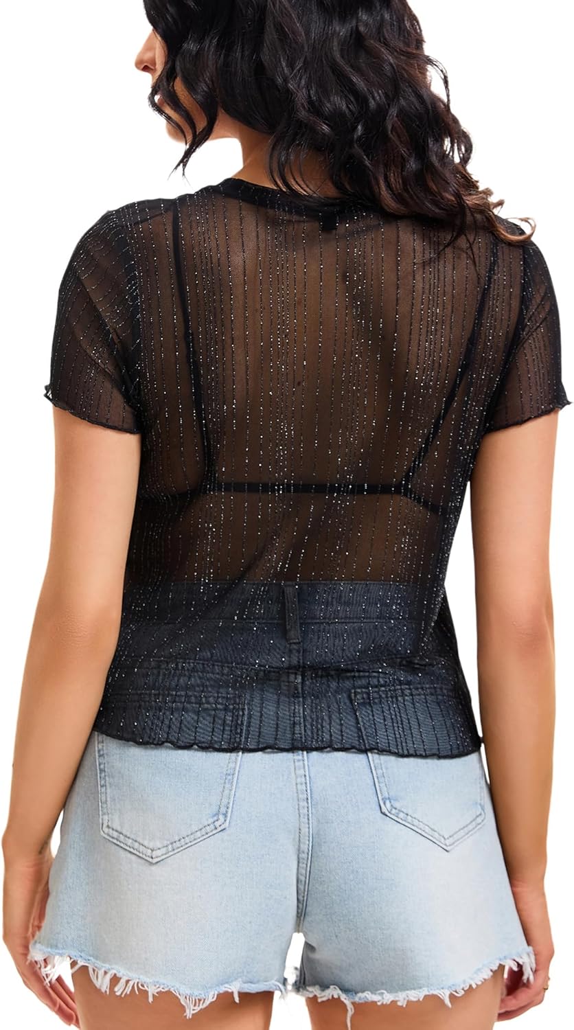 Women's Sheer Mesh Printed T-Shirt See Through Short Sleeve Tops Lightweight Stretch Transparent for Layering - Image 4