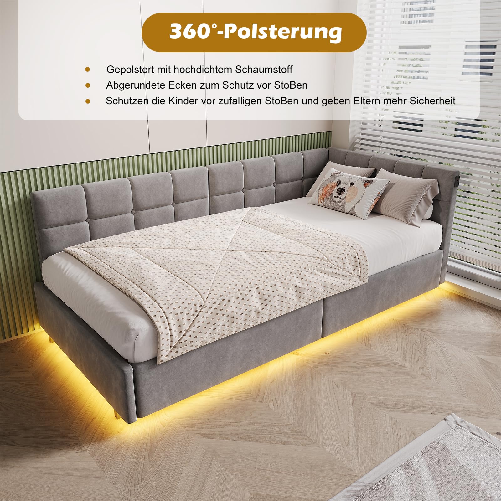 Łóżko dziecięce 90 x 200 z oświetleniem LED i gniazdem USB, hydrauliczne miejsce do przechowywania, sofa 90 x 200 z wymiennymi ścianami bocznymi, łóżko tapicerowane z platformą, aksamit