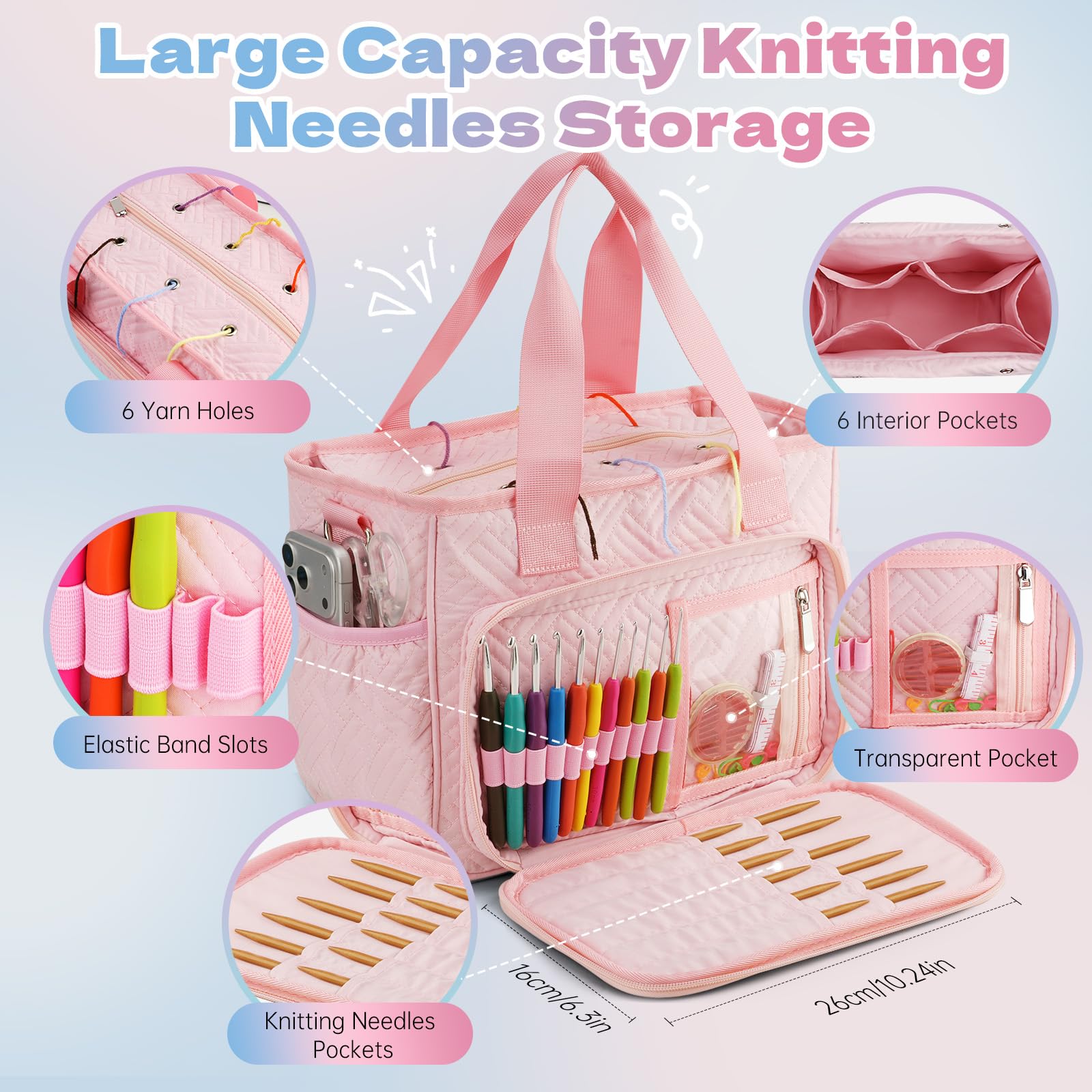 Dadanism Häkel Basteltasche, Strick Tasche, Garn Aufbewahrung Nähtaschen mit Griff & Schultergurt, Garn Aufbewahrung Organizer für Häkeln Stricker Häkelnadeln Stricknadeln Set Nähzubehör, Rosa