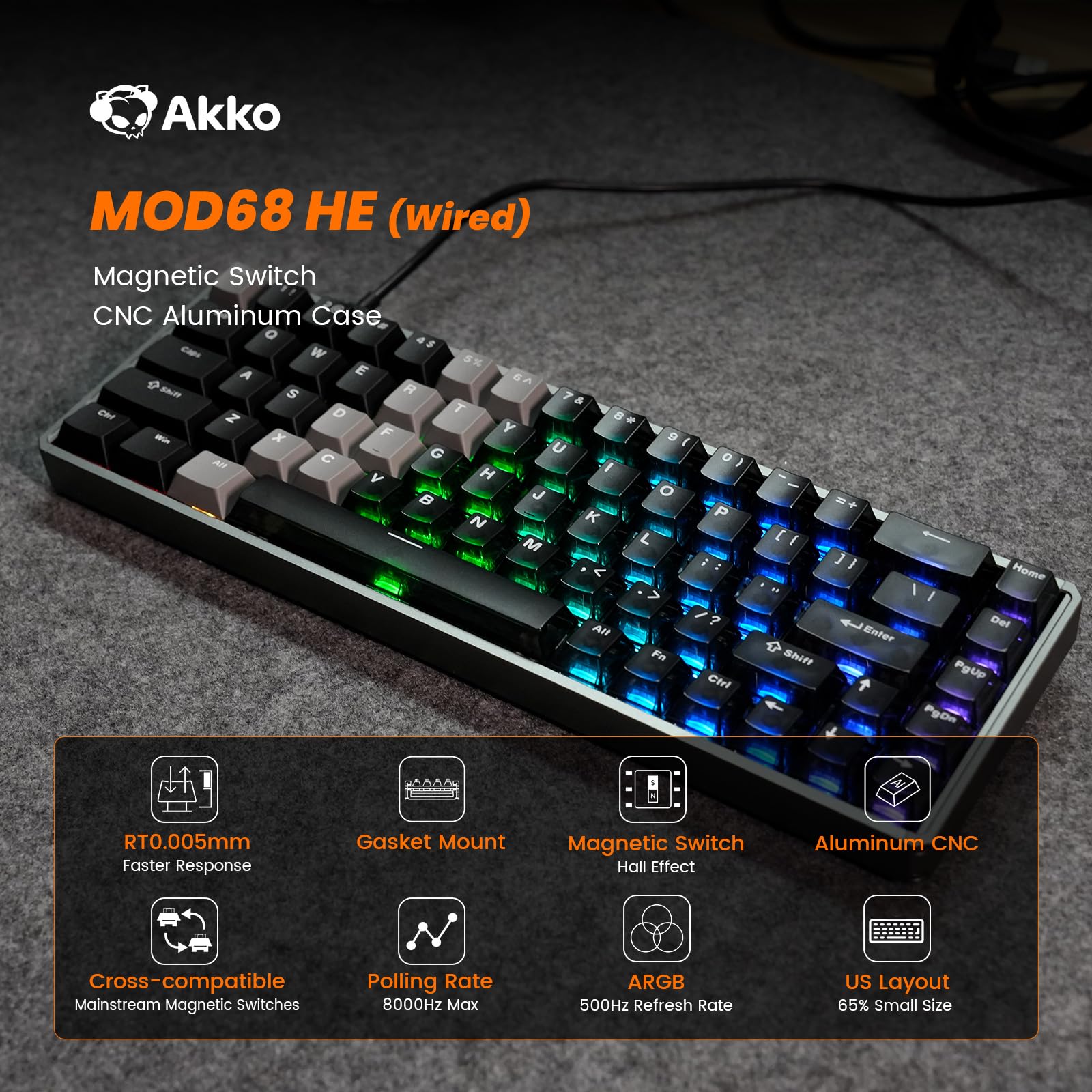 Akko MOD68 HE Tastatur 65% Hall Effekt Rapid Trigger 8K CNC Aluminium | QWERTY-Layout,kabelgebundene,AstroAim Magnetschalter, RT0,005 mm,Cherry Profil Tasten für PC Gaming(Schwarz Transparent)