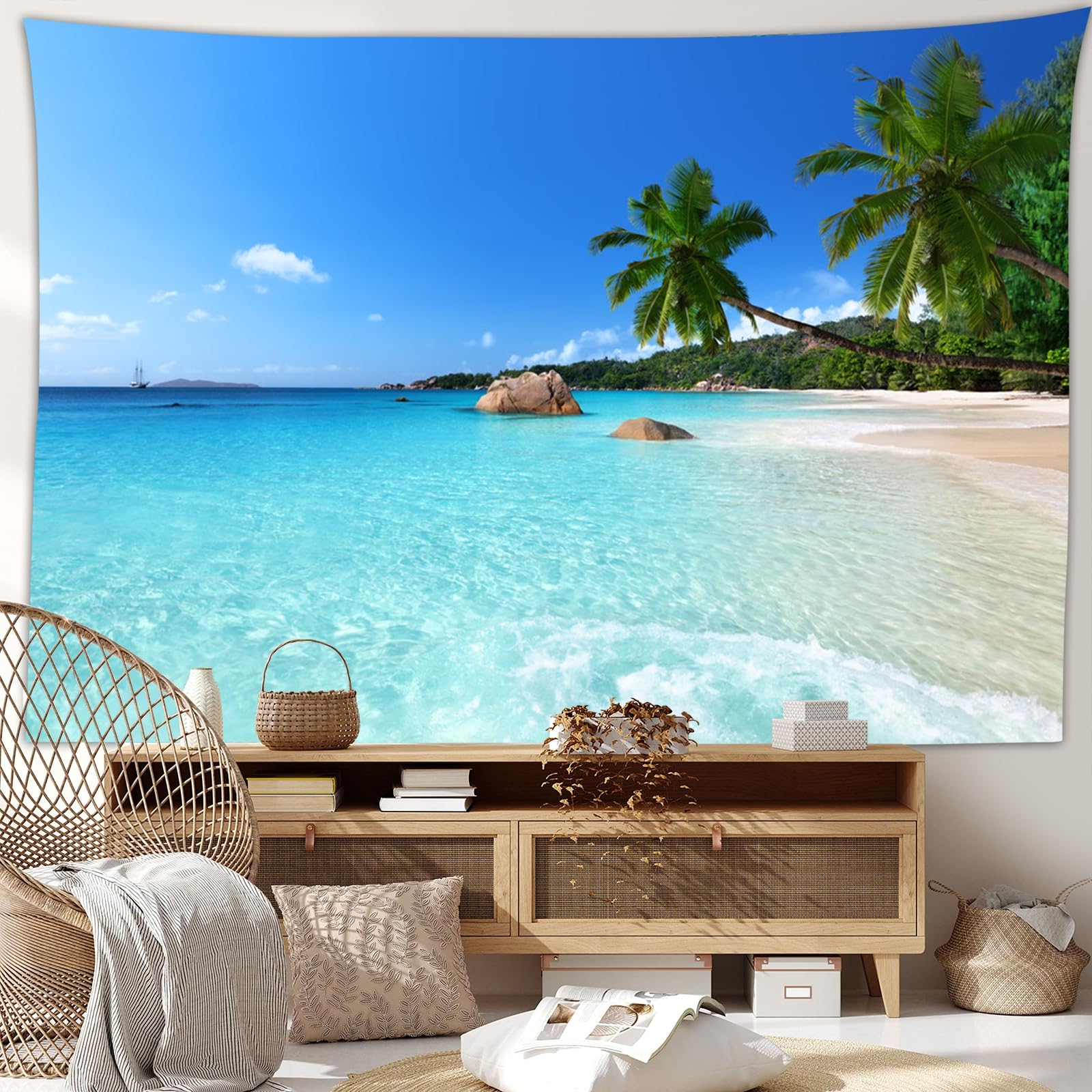 skcess Arazzo da parete 260 x 240 cm, oceano spiaggia, in poliestere, tappezzeria blu cielo naturale, per soggiorno, dormitorio, decorazione per la casa