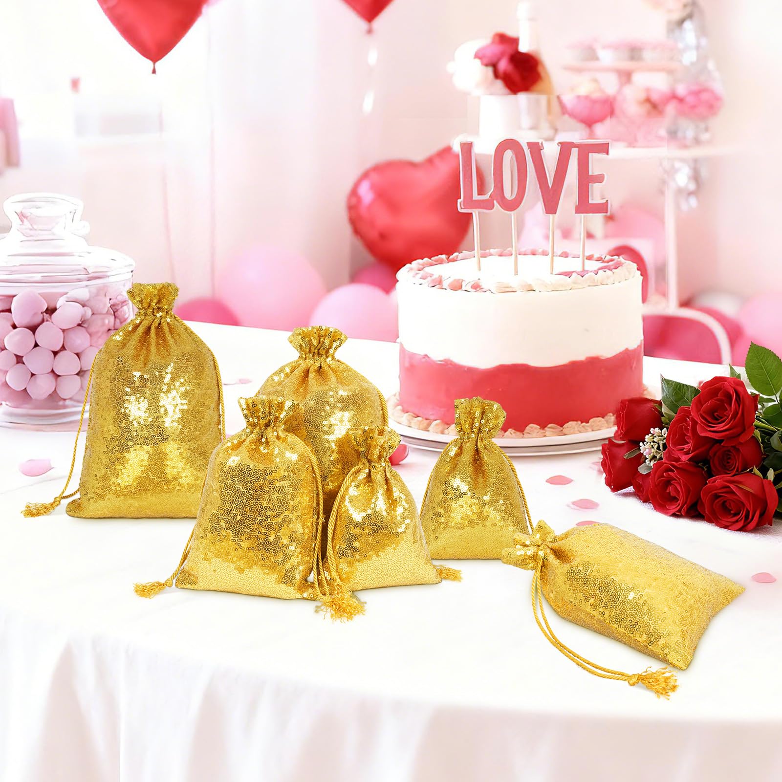 SquarePie 6Pcs Valentine's Day Gold Sequin Drawstring Gift Bags Assorted Sizes 8x12/6x9/5x7 Glitter Goodie Bags for Birthday Christmas