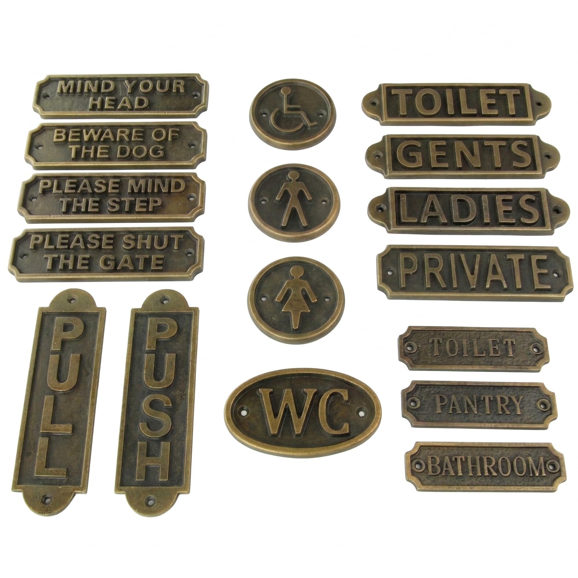 Antique Brass Finish Cast Iron Vintage Style Door Signs, Toilet, Private, Beware of the Dog, Push Pull, Gents, Ladies, Bathroom (Round Ladies Sign 75mm)