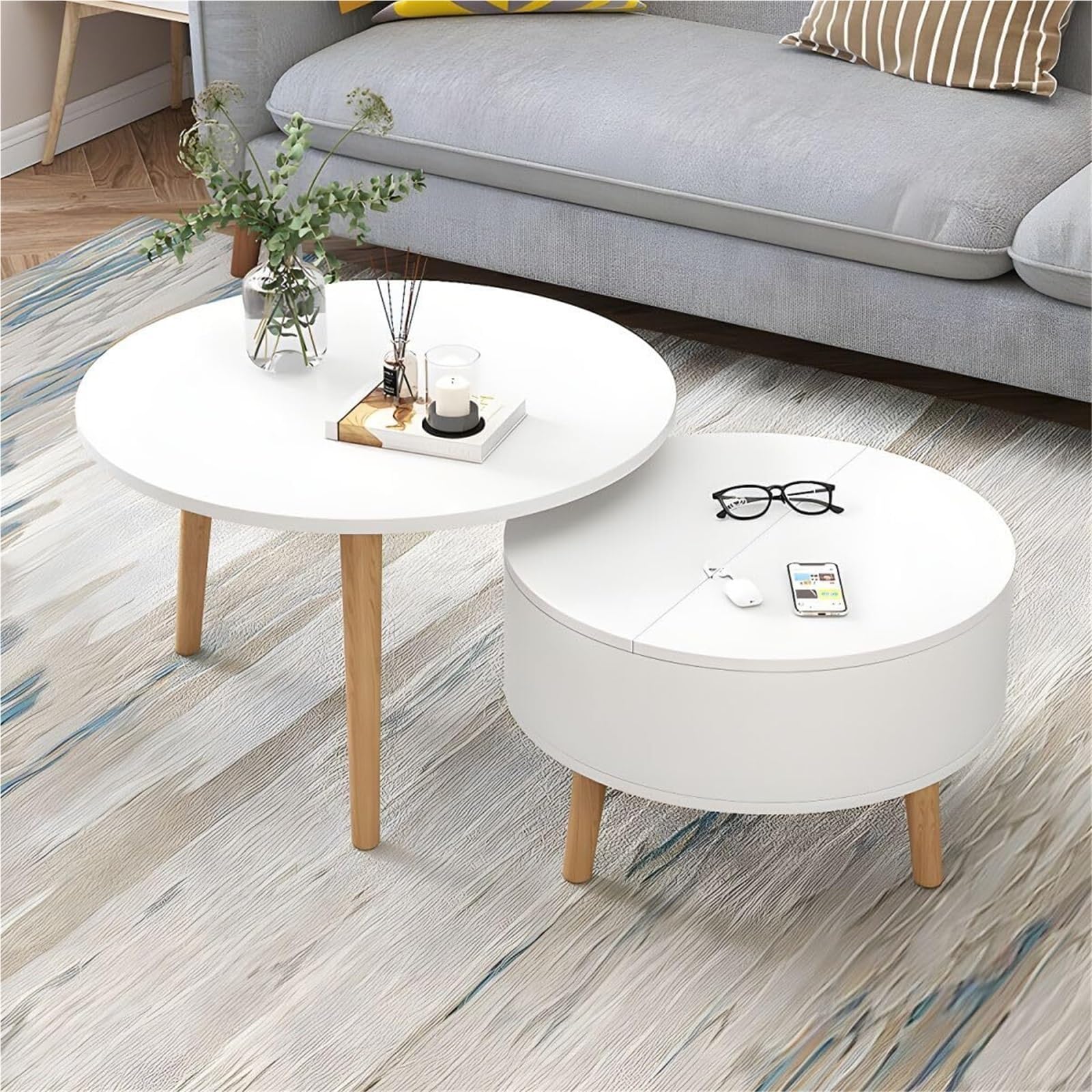 SoOSSN Set of 2 Round 3 Legs Coffee Table with Storage Drawers Cocktail Table Coffee Table Round(White Top+White Storage)