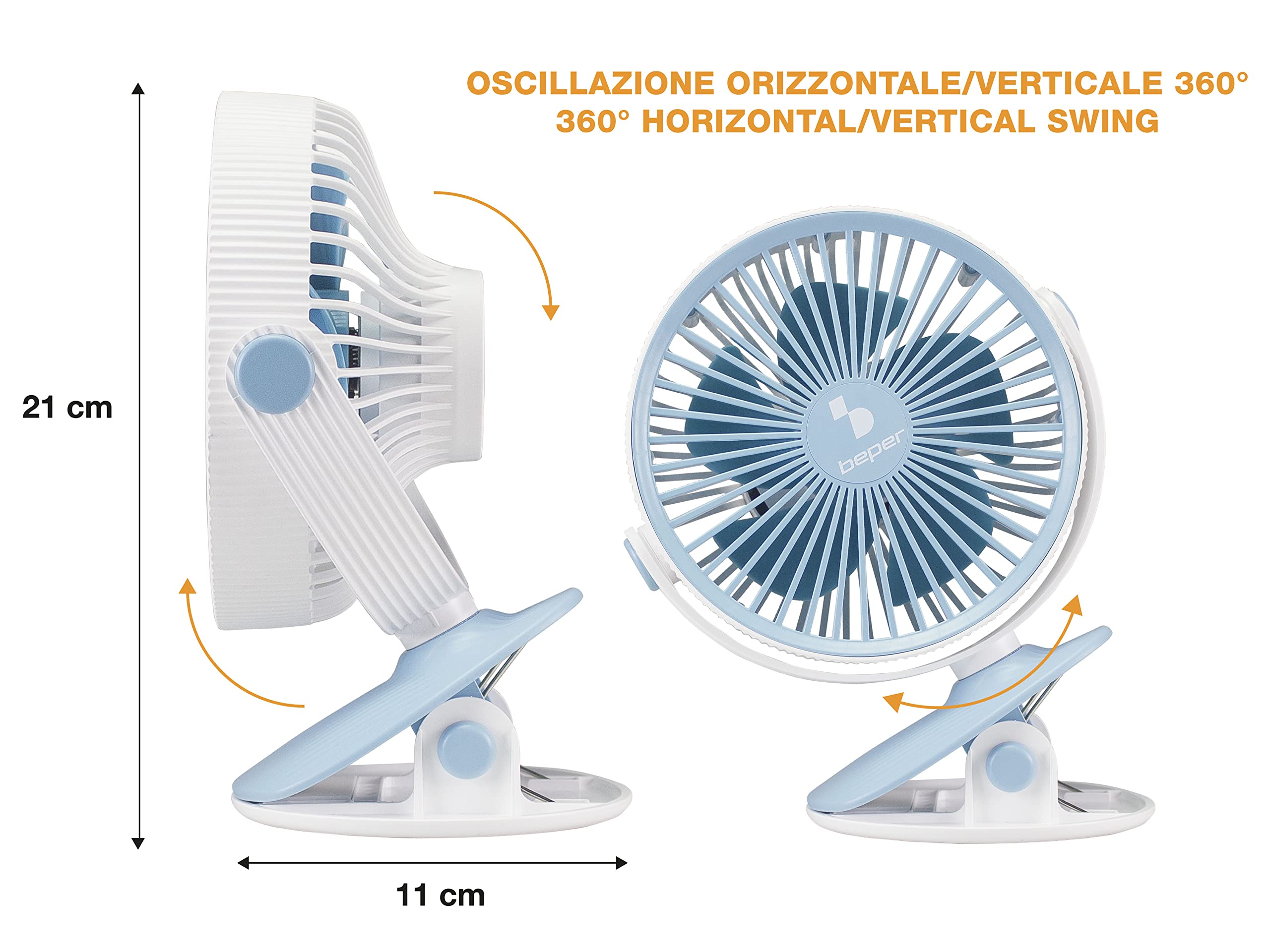 Beper P206VEN420 – Mini Ventilatore con Clip, Portatile, USB e Ricaricabile, 3 Velocità, Inclinabile, Luce LED, Salvaspazio, Silenzioso, Mini Clip Fan
