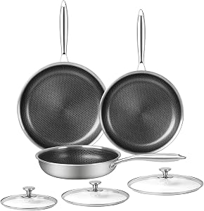 6 Piece Stainless Steel Frying Pan Set with Lids Cookware Set Nonstick Honeycomb Frying Pan Set 3pcs W/Stay Cool Handle Skillet Works Pan for Cooking with Induction Gas Stovetops
