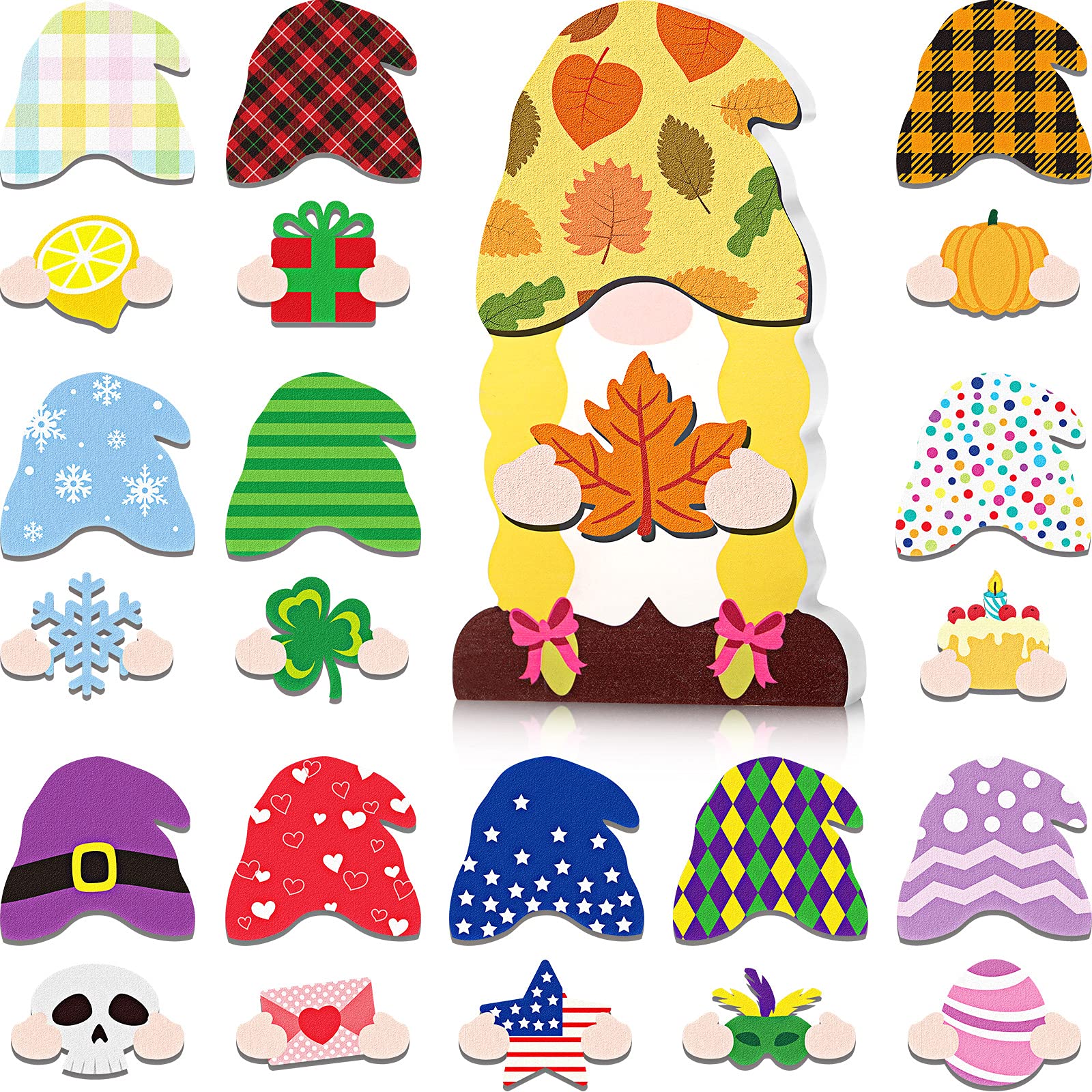 Jetec 24 Pcs Easter Interchangeable Wooden Gnome Decor DIY Holiday Seasonal Tiered Tray Decoration with Magnet Pieces Detachable Spring St. Patricks Welcome Sign for Holiday Decoration(Cute Style)