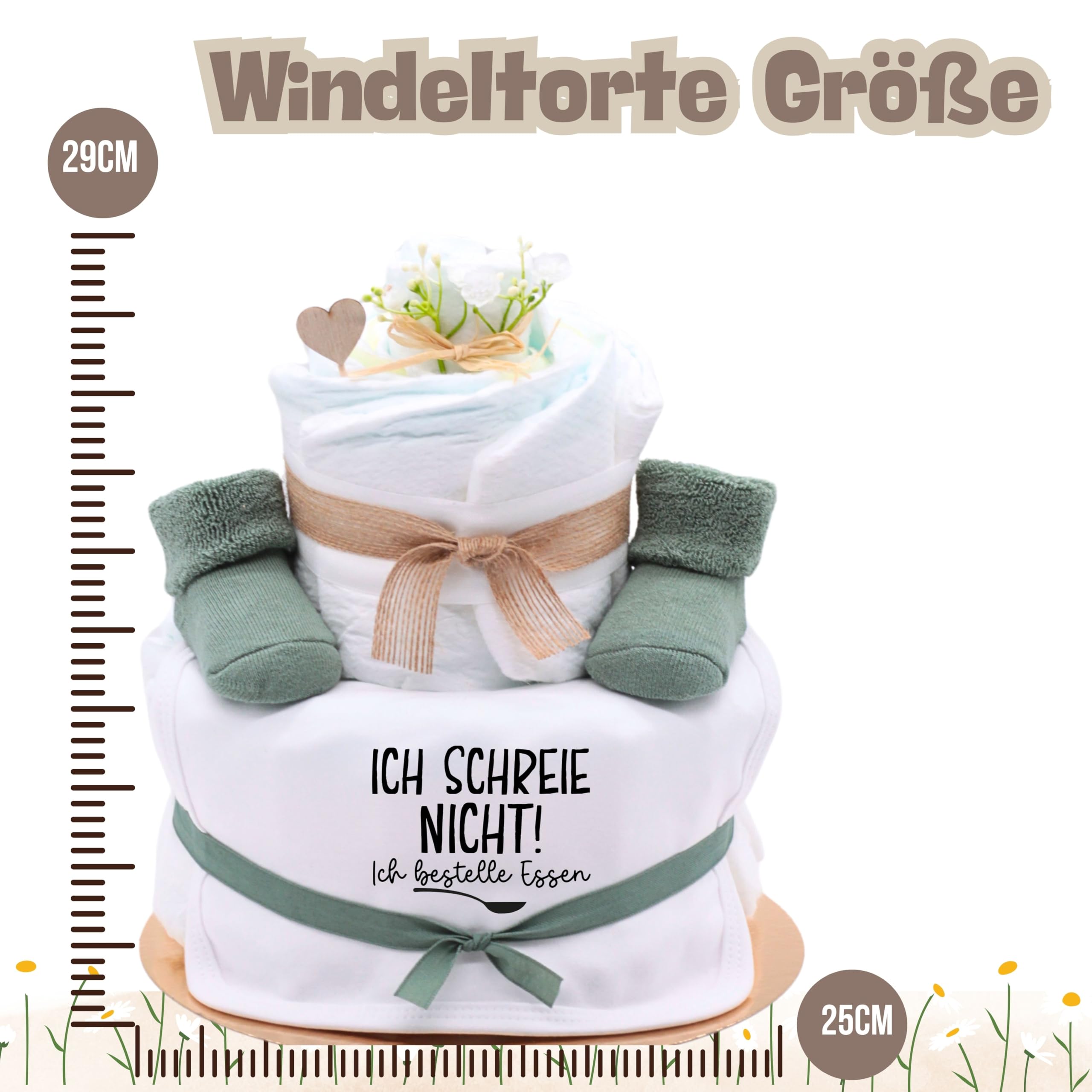 Trend Mama | Windeltorte | Nature Design green | Spruch wählbar | Lätzchen, Kuschelsocken |Geschenk Geburt (Design Ich schreie nicht, ich bestelle Essen)