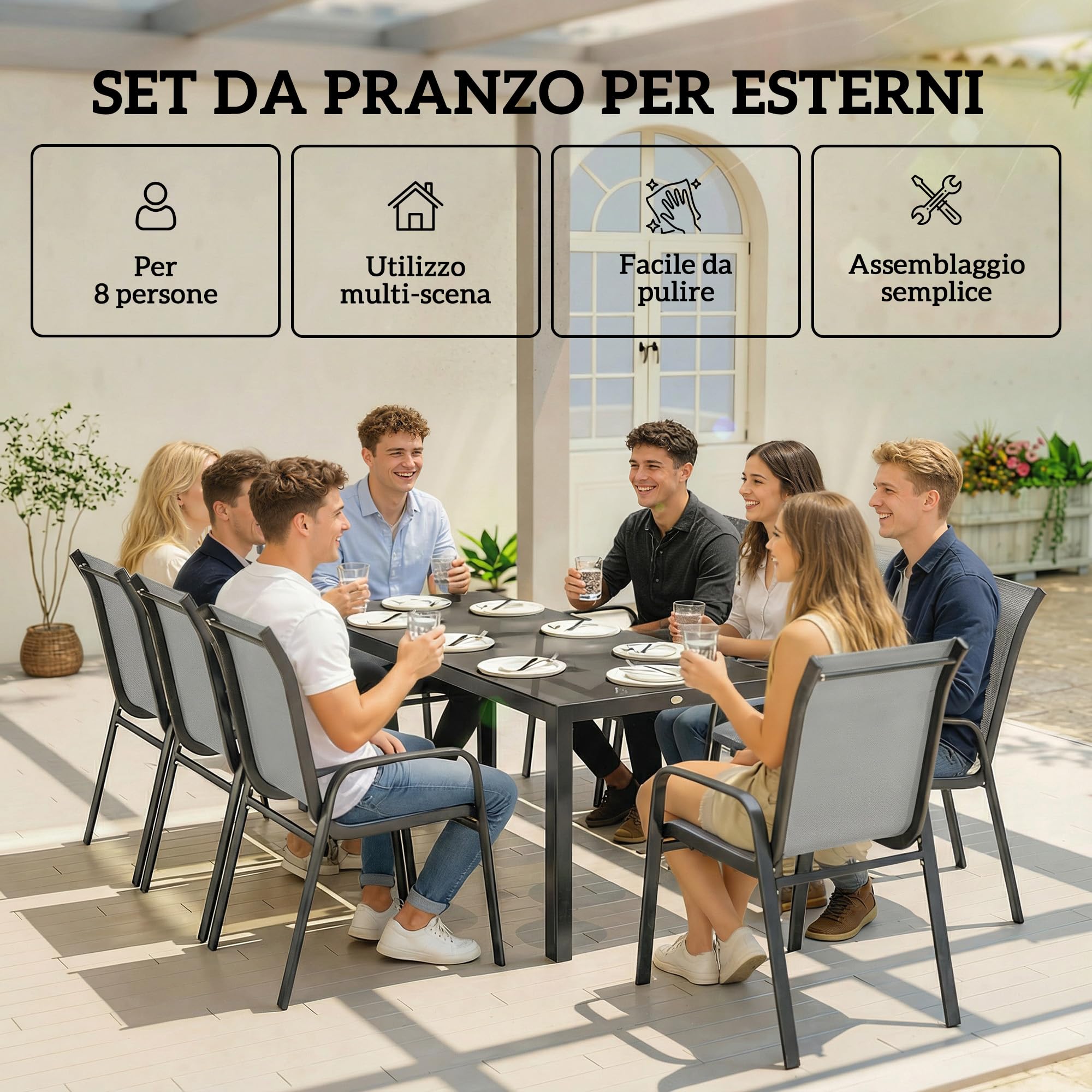 Outsunny Set Tavolo e Sedie da Giardino 9 Pezzi, Set Pranzo Esterno con Tavolo in Vetro Temperato, 8 Sedie Impilabili in Texteline, Set Mobili da Giardino per Terrazza Balcone Patio, Grigio Chiaro