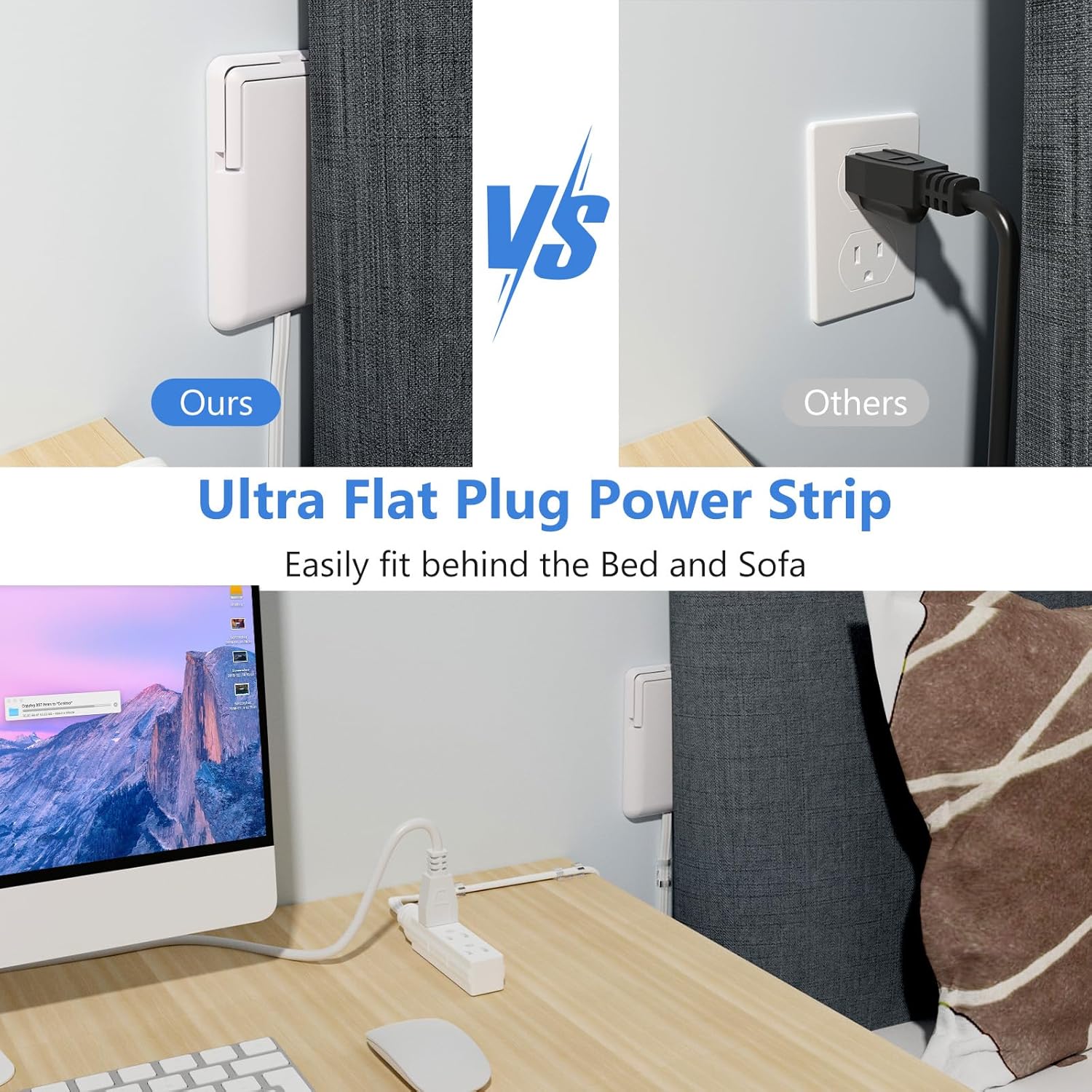 Ultra-Thin Outlet Concealer & Extension Cord - HICITY 3FT Flat Plug Power Strip, ETL Listed for Baby Proofing, Hides Cords in Tight Spaces, 15A/1625W, White