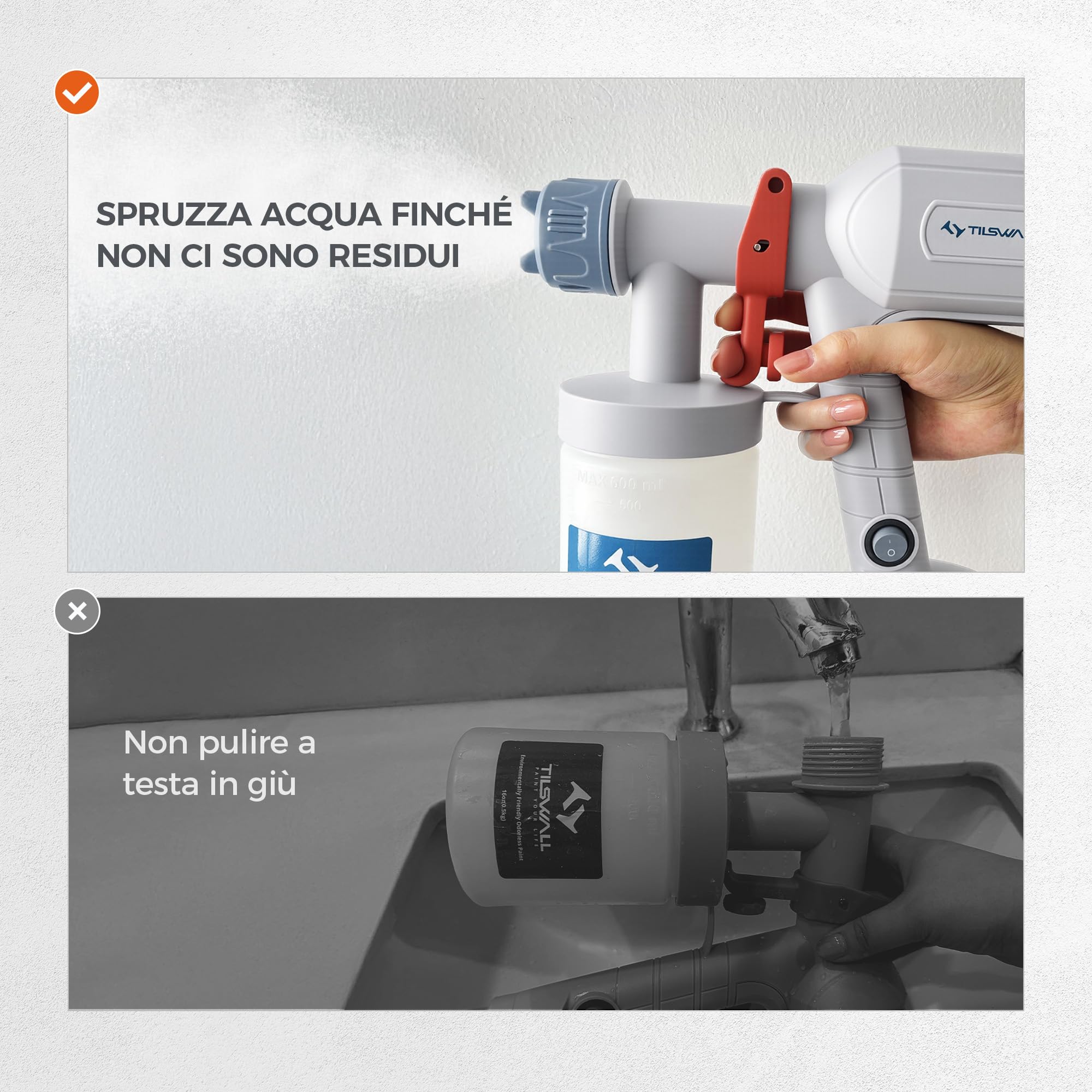 Tilswall Pistola a Spruzzo per Verniciare, Aggiornato Spruzzatore Vernice Ultraligera con Contenitore da 600ml, 2 Ugelli e 3 Modalità - Ideale per Pareti, Interni ed Esterni Casa, Soffitti, Bianco