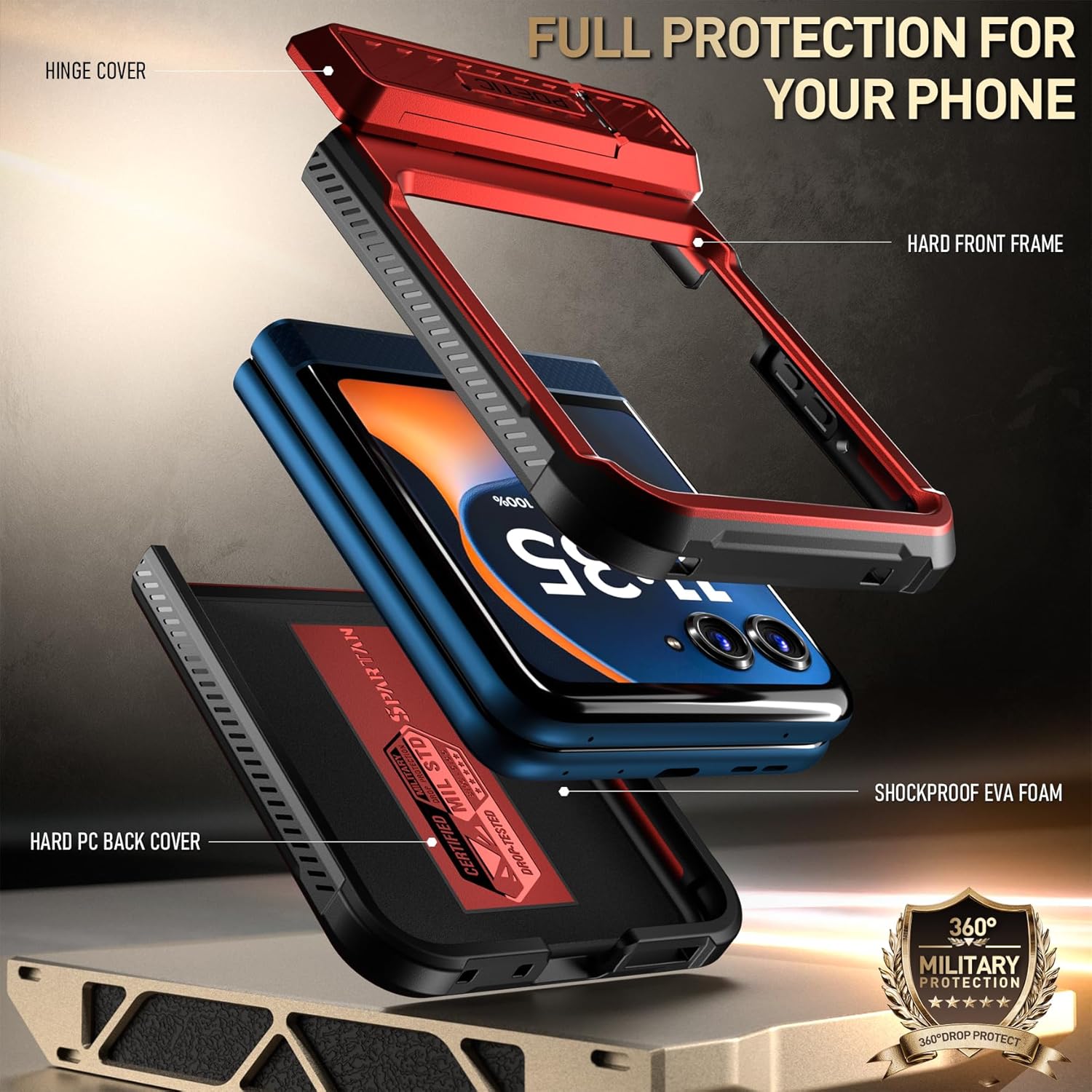 Poetic Spartan Case for Motorola Moto Razr 2025/2024, [Kickstand][Hinge Protection][20FT Mil-Grade Drop Tested], Full-Body Rugged Shockproof Protective Cover with Kickstand, Metallic Red