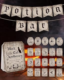 Halloween Potion Bar Decor Spooky Witch Potion Lable Laminated Stickers for Glass Bottles Jars Vintage Bar Banner Black Cat Apothecary Table Signs Party Supplies Halloween Gift Ideas