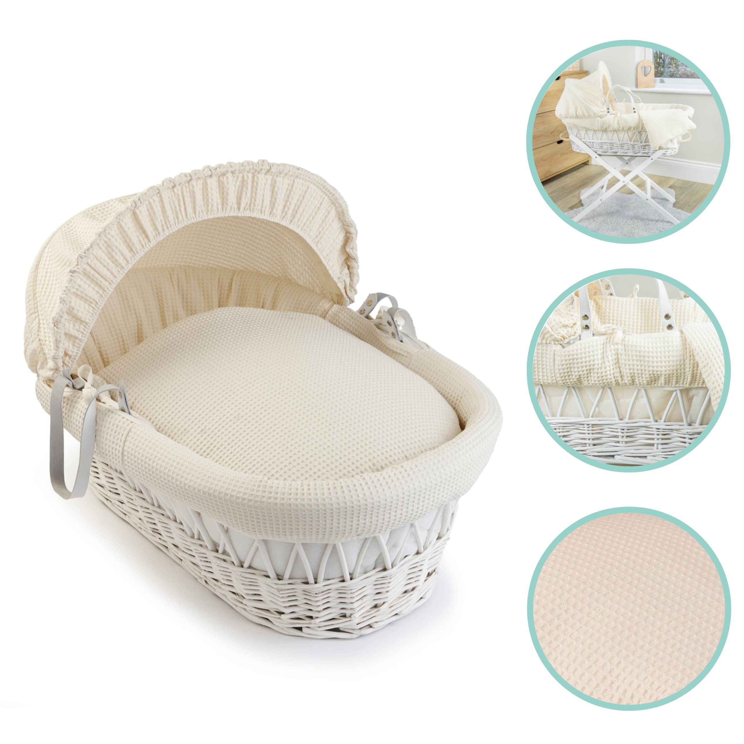 Clair de Lune Cesta in vimini bianco a nido d'ape e supporto a dondolo deluxe bianco con 1 cappuccio regolabile e rimovibile, 2 maniglie per il trasporto, copriletto e 1 materasso rigido in fibra