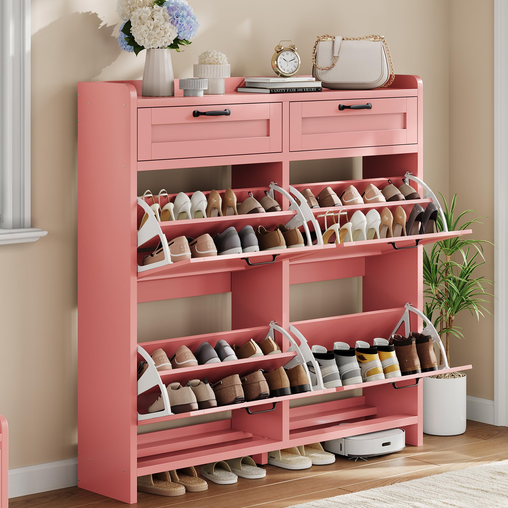 Shoe Cabinet with 4 Flip Drawers & 2 Top Drawers, Wooden Shoe Organizer Cabinet with Adjustable Shelf, Freestanding Shoe Storage Cabinets for Entryway