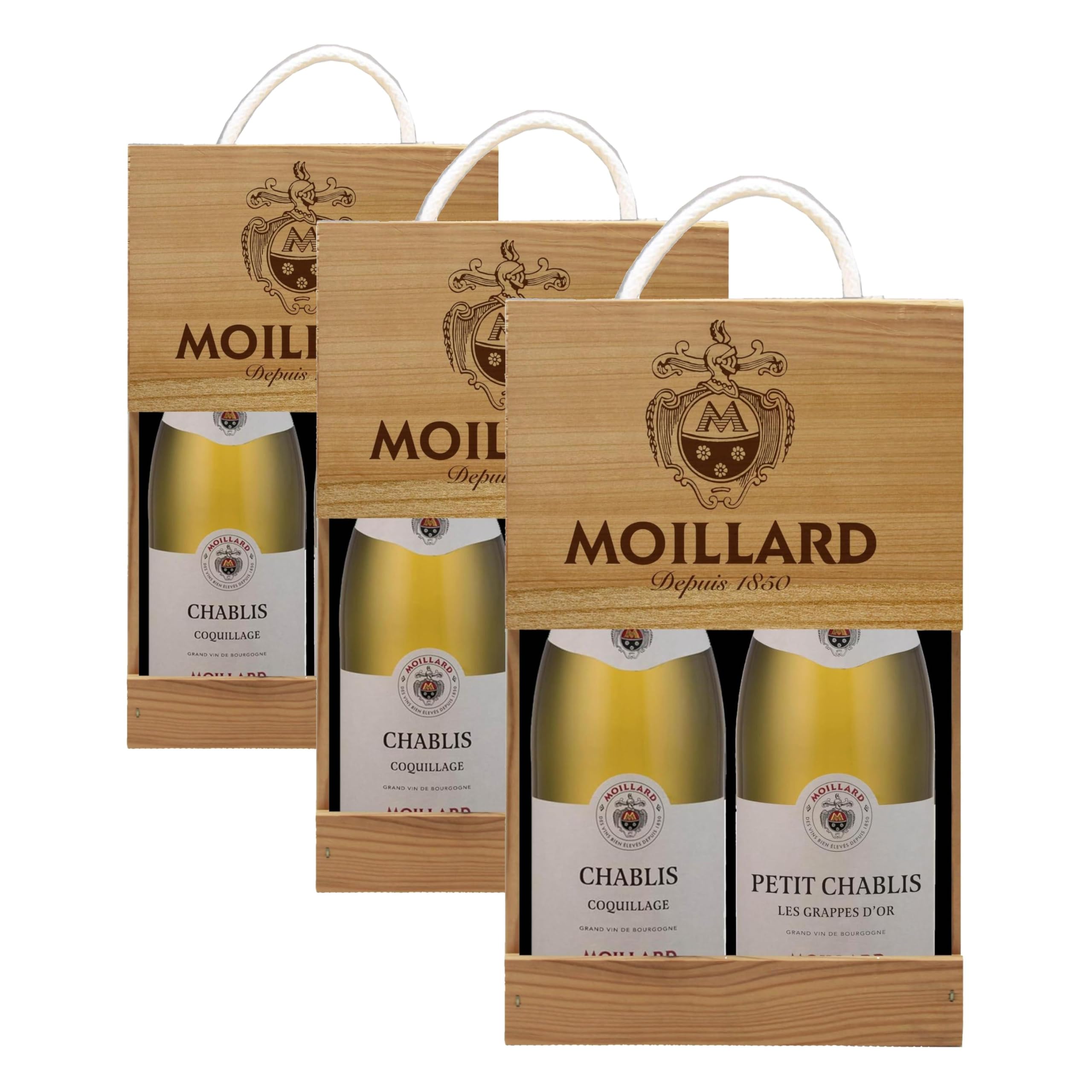 Moillard - Set regalo Chablis e Petit Chablis, vino bianco Chardonnay, Grand Vins de Bourgogne in scatola di legno (2 x 0,75L) (Confezione da 3)