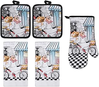 5 Piece Baking Chef Printed Kitchen Linen Set, 2 Cotton Towels, 2 Potholders, 1 Oven Mitt with Hanging Loop, 100% Cotton Material on Front & Polyester Backing, Perfect Kitchen Accessory