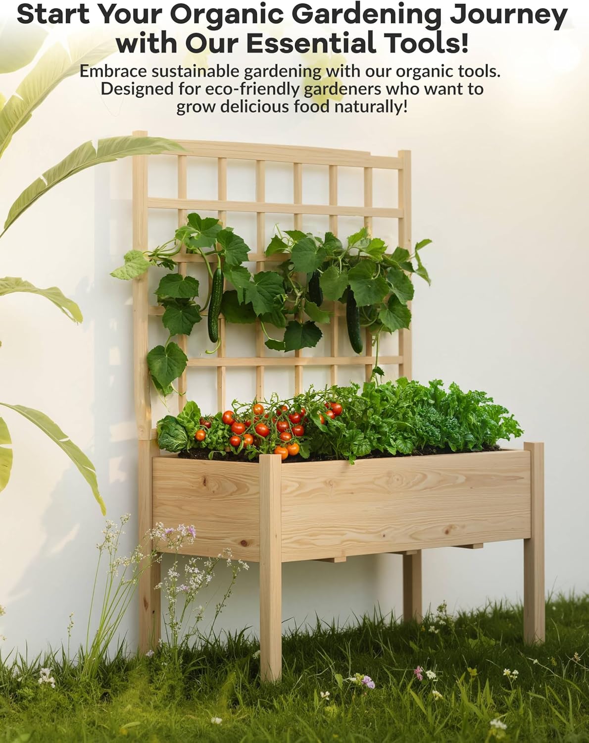 Raised Garden Bed with Trellis, Elevated Planter Box with Legs For Backyard, Patio, Balcony w/Bed Liner, Wood Standing Planter Stand for Climbing Plants Flowers Vegetables Herbs, 46"x23"x65"