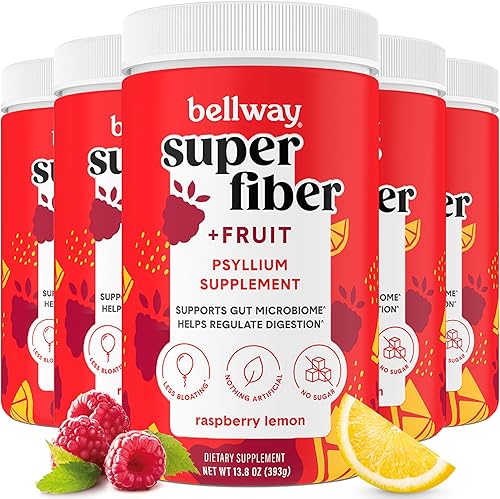 Bellway Polvo súper fibra + fruta (paquete de 5), suplemento de fibra en polvo de cáscara de psyllium orgánico sin azúcar para regularidad, alivio