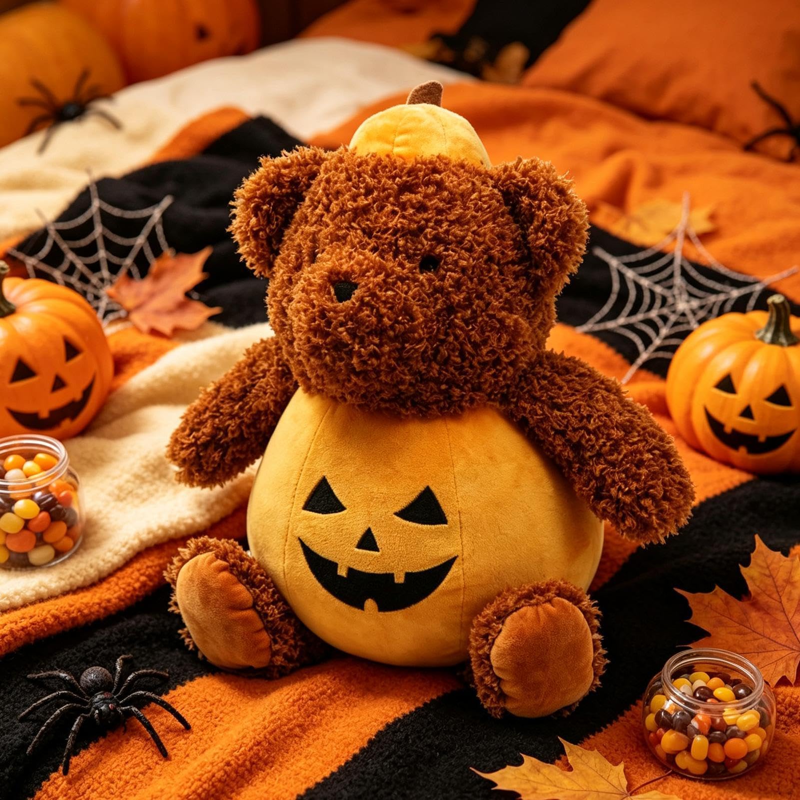 Cuscino decorativo in peluche per Halloween, con orso autunnale,