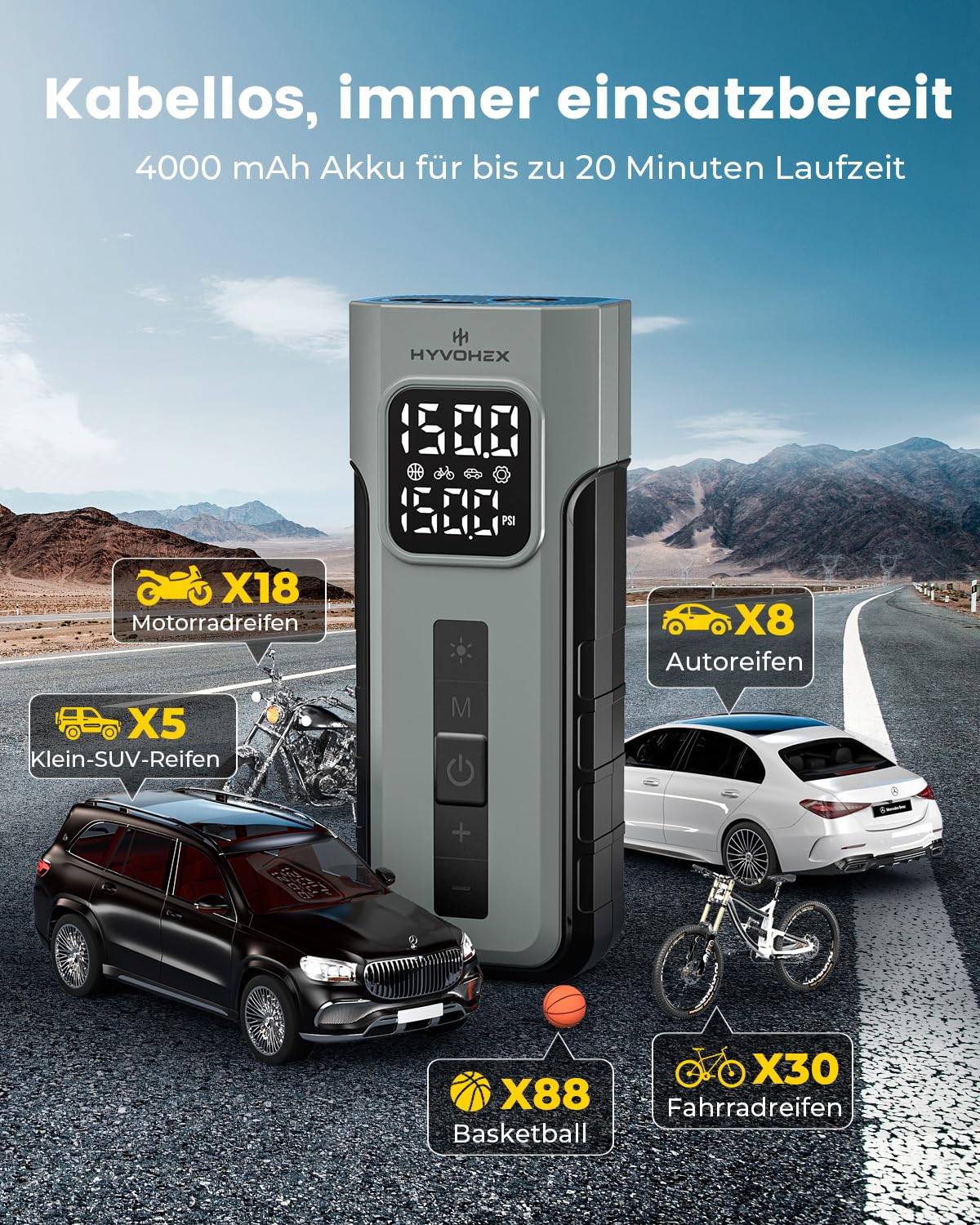 HYVOHEX Elektrische Luftpumpe,Akku Kompressor,Fahrradpumpe,1 Min Schnellbefüllung Kabelloser Luftkompressor mit Digitalem Manometer LED Licht,10.34 Bar Reifenkompressor mit LED Licht für Auto,Fahrrad - 4