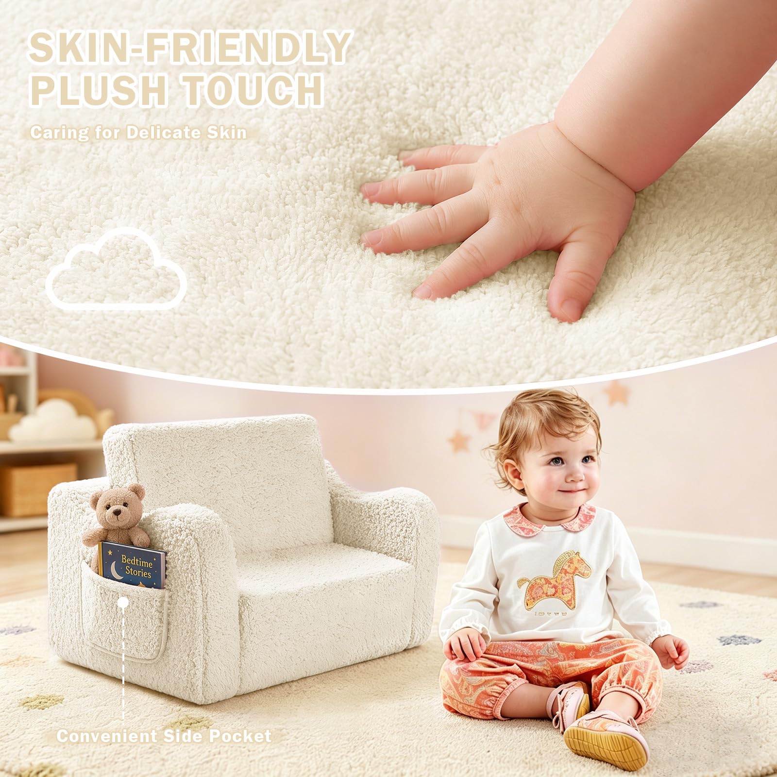 MeYuxg 3 in 1 Kindersofa Ausklappbar, Kindersessel ab 1 2 3 Jahr, Plüsch Spielsofa mit Schlaffunktion, Kuschelecke im Kinderzimmer Mini Couch für Mädchen und Jungen, Beige