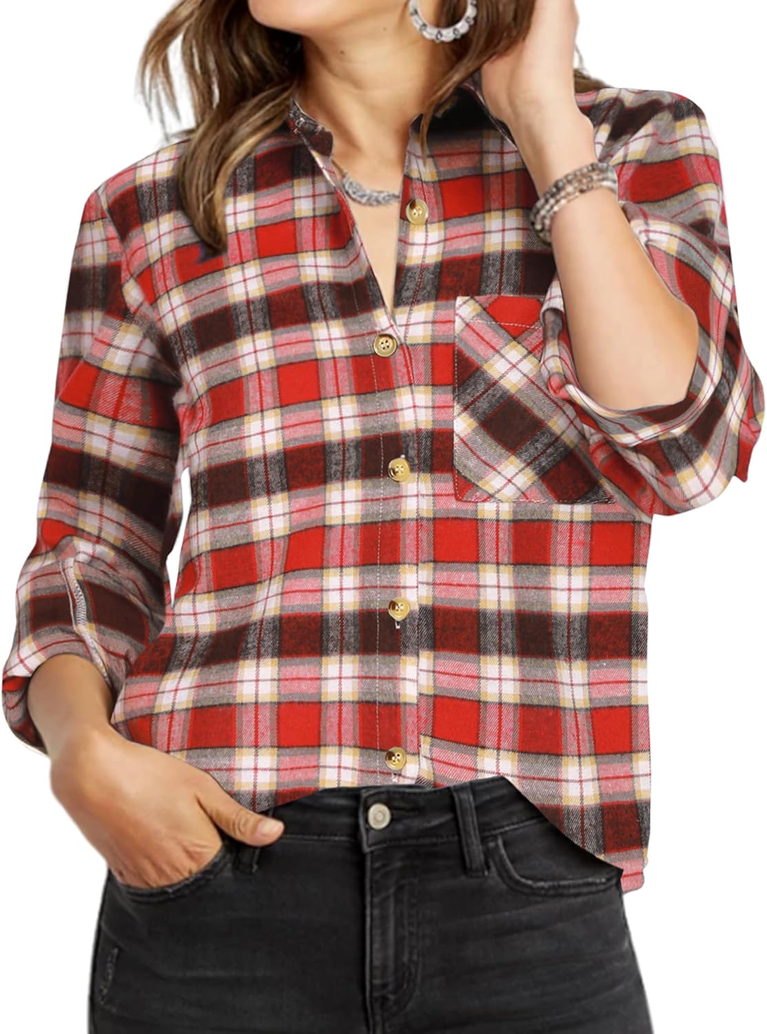 Zeagoo Womens Plaid Shirts Cotton Classic Long Sleeve Button Down Collared Casual Tops Lightweight Spring Blouses - Image 7
