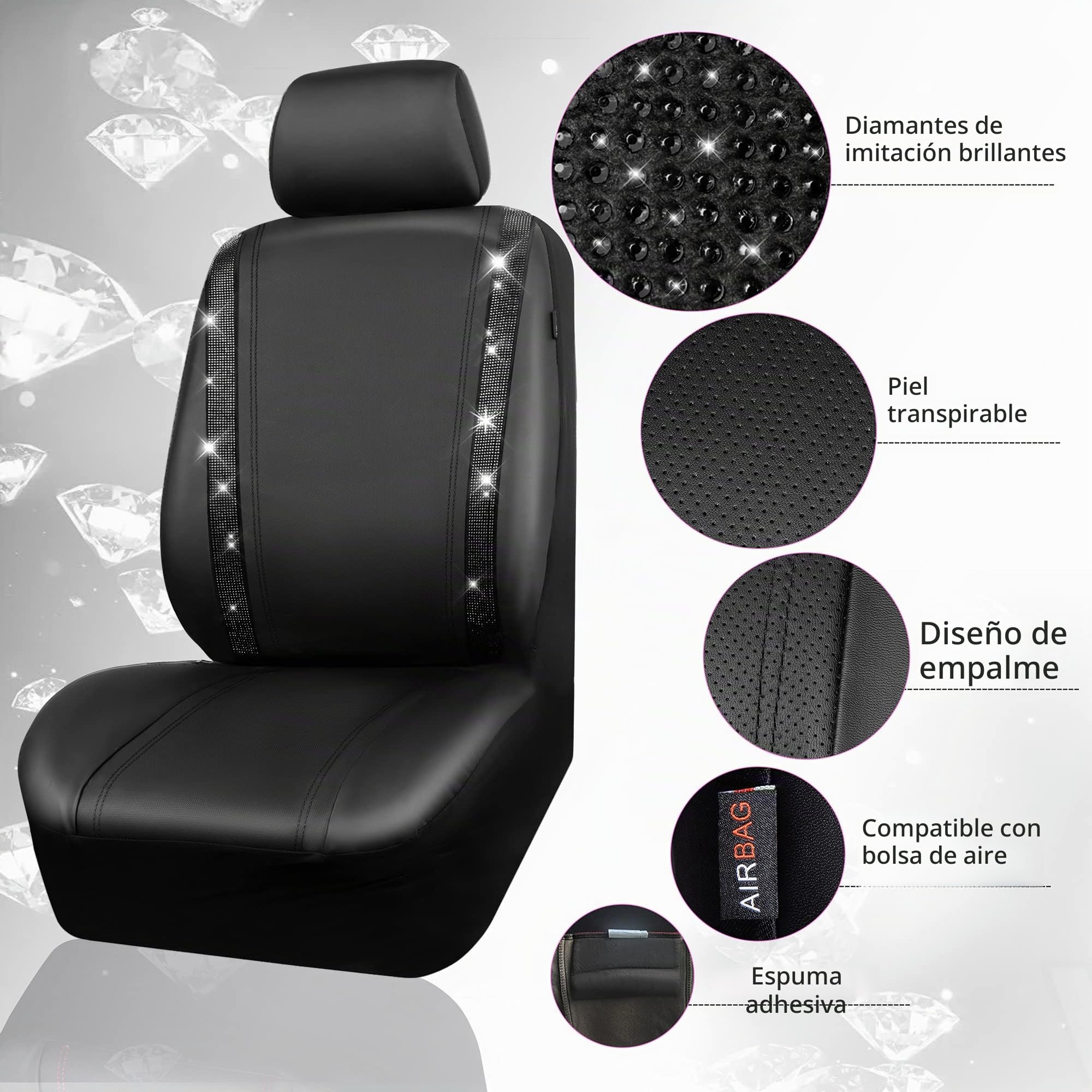 CAR PASS Fundas Impermeables de Cuero para Asientos de Coche, Cristal de Diamante Brillante Bling, Universal para el 95% de Todos los Coches SUV Camiones, Mujeres Hombres (Juego Completo, Negro)