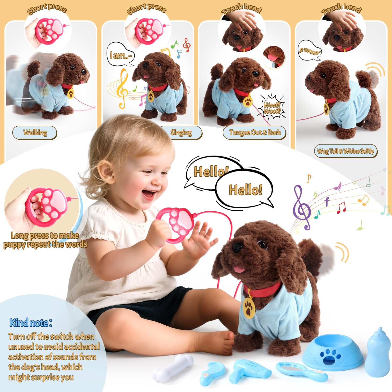 TONZE Cagnolino Che Abbaia e Cammina Peluche Cane Giocattolo che Cammina e Abbaia Giocattoli Bambina 2 Anni Realistico Animali Giocattolo per Bambini Giochi Interattivi per Bambini 2 3 4 Anni