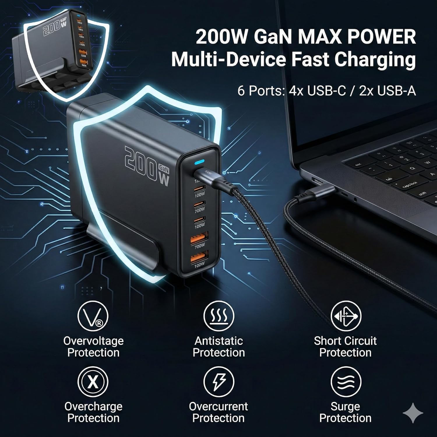 Heargrow 200W GaN USB C Charging Station, 6-Port USB C Multi Charger Block with 4 Cables, Fast Wall Charger Power Strip for iPhone 17 16 15 14, iPad, MacBook, Samsung Galaxy, Pixel