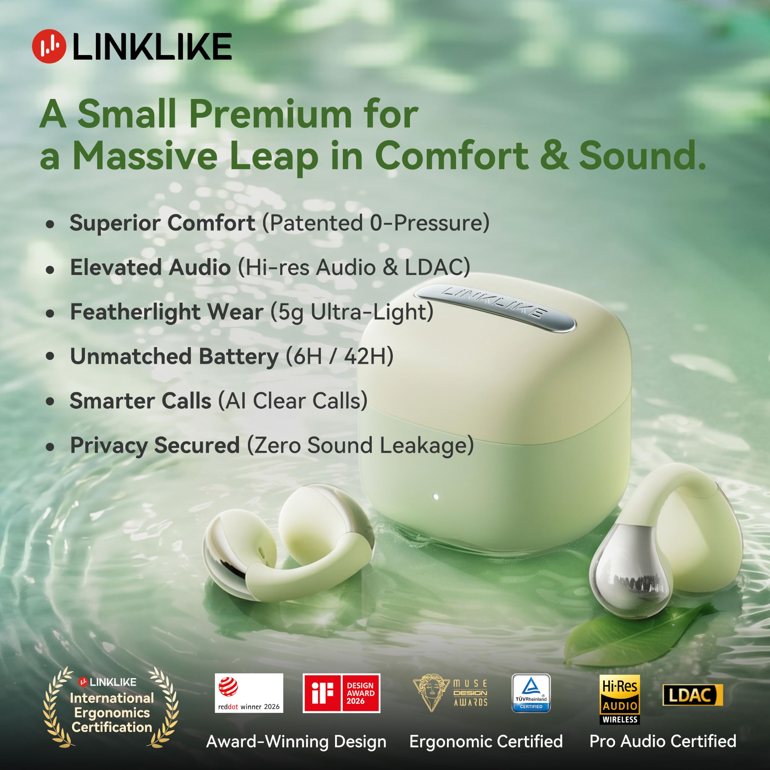 Linklike Écouteurs ouverts Next-Gen [Audio LDAC haute résolution] 40 heures de lecture, design en forme de goutte d'eau à double décalage pour un confort zéro pression, lien instantané 6.0, IPX5