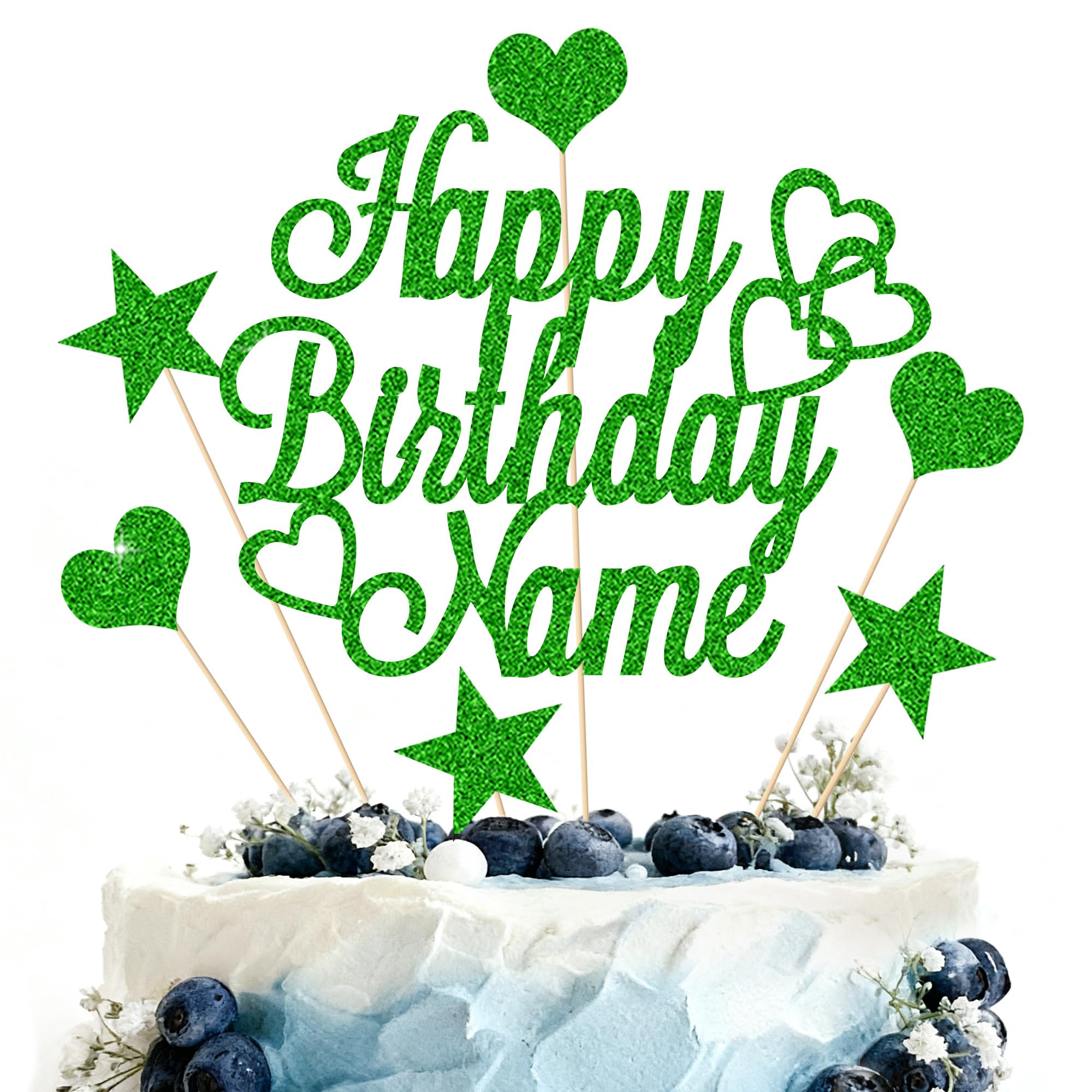 Personalized Happy Birthday Cake Topper | Customized Name Cake Decoration | Double Sided Glitter Card | Green