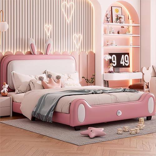 Miniatura 2 de Quarte Bonita cama de princesa tapizada en forma de conejo, cama de plataforma de cuero de tamaño matrimonial con cabecera y estribo para niños y