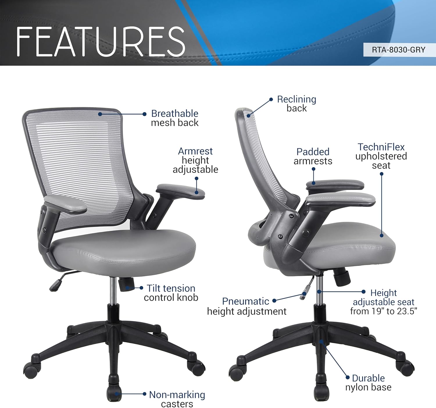 Techni Mobili Height Adjustable Arms Mid-Back Mesh Task Office Chair, 25" W x 25" D x 34" H, Gray