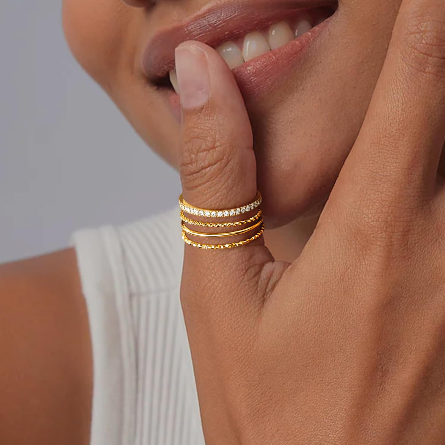 Dainty Thin Gold Rings for Women Non Tarnish, Stackable 14K Gold Plated Cubic Zirconia Wedding Bands Ring Set, Waterproof Simple Trendy Minimalist Statement Engagement Promise Thumb Pinky Stacking Rings for Women Size 5 6 7 8 9 10 11 - Image 2