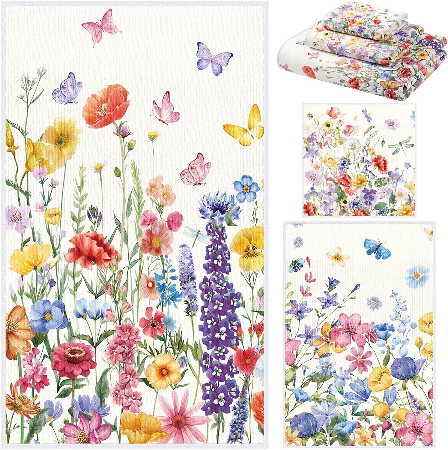 Moukeren Set of 3 Wildflower Bath Towels Floral Bath Towel Hand Towel and Washcloth Soft Absorbent Decorative Towels for Bathroom Kitchen Hotel Gym Spa