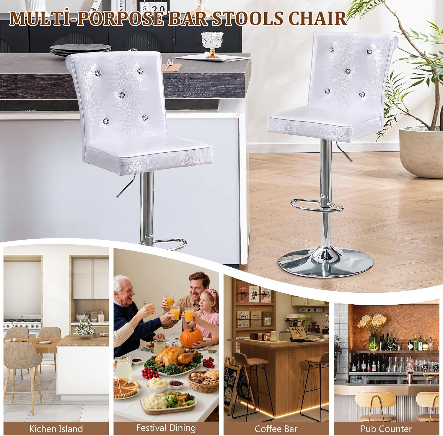 Swivel Bar Stools Set of 4, 25-34 inch Adjustable Faux Leather Counter Height Barstools with Button Tufted Back&Silver Legs, Modern Metal Upholstered Bar Chairs for Kitchen Island, Pub, White