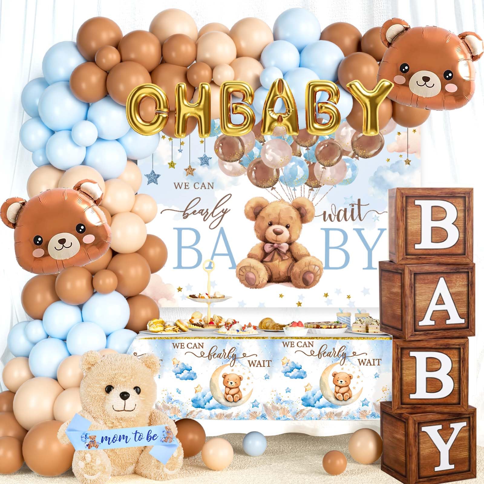 Hombae We Can Bearly Wait Baby Shower Decorations, Teddy Bear Printed Backdrop, Cute Bear Foil Balloons, Blue Tablecloth, Blue & Brown Balloon Garland