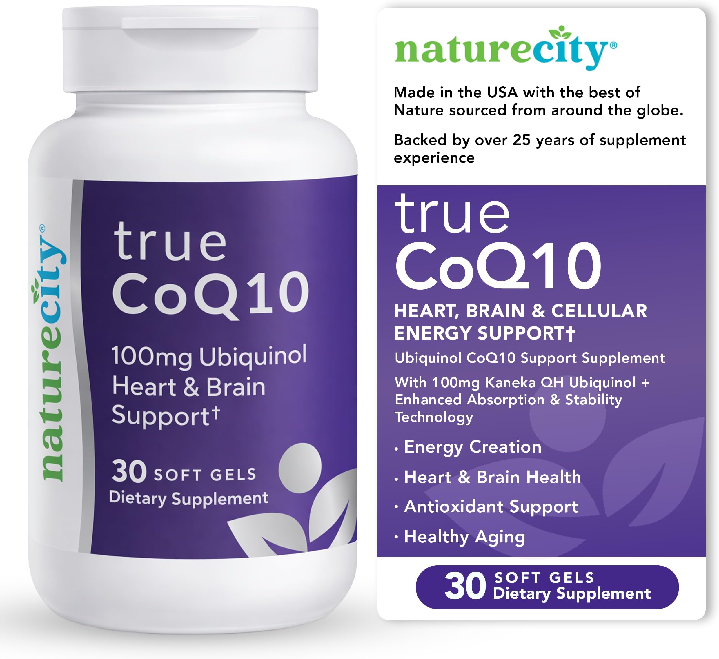 NatureCity True-CoQ10 Ubiquinol 100mg Supplement, Kaneka QH, 30 Soft Gels