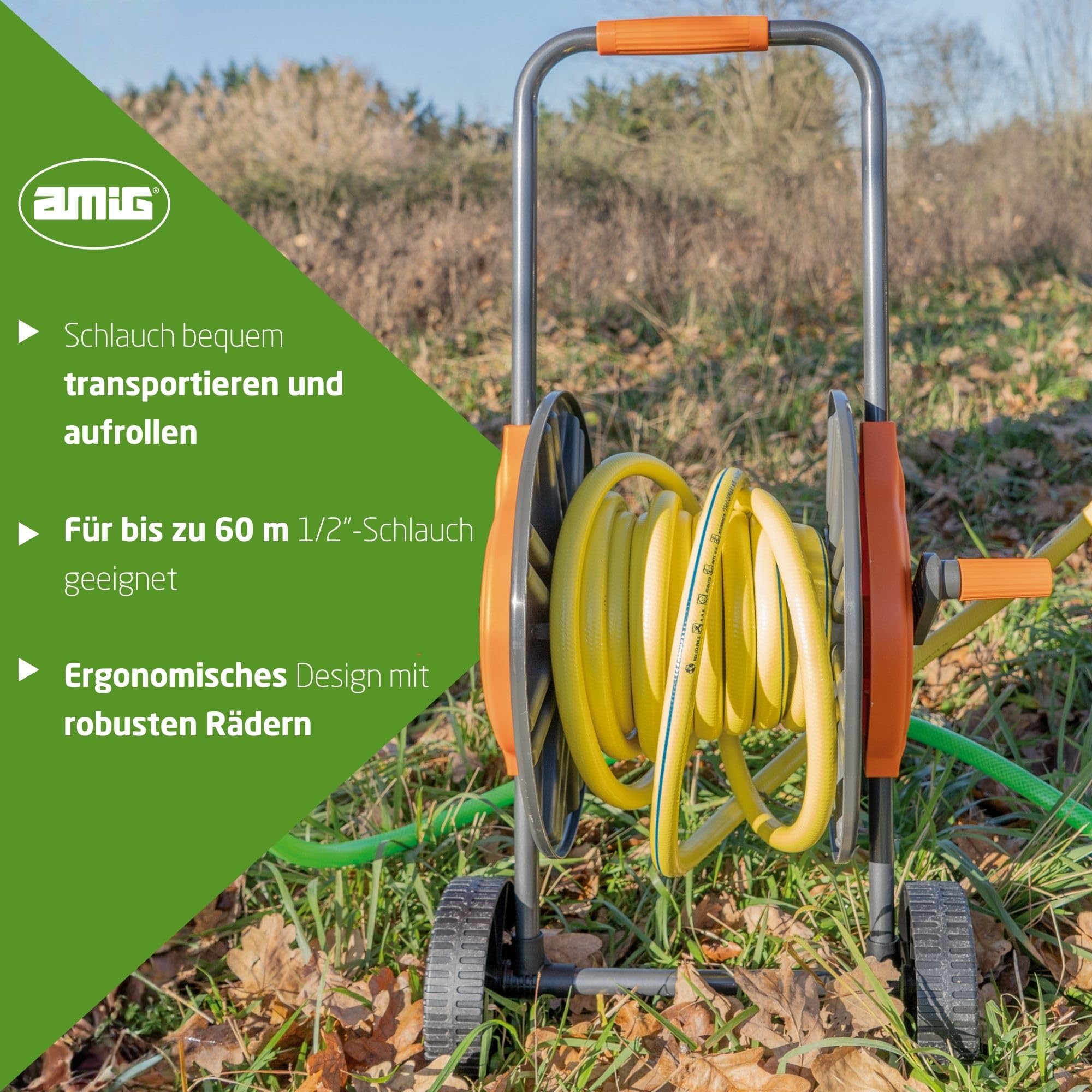 Amig - Schlauchwagen | für 1/2" Schläuche | max. 60m gerollt | mit Kurbel zum einfachen Aufrollen | Polypropylen | Orange und Grau
