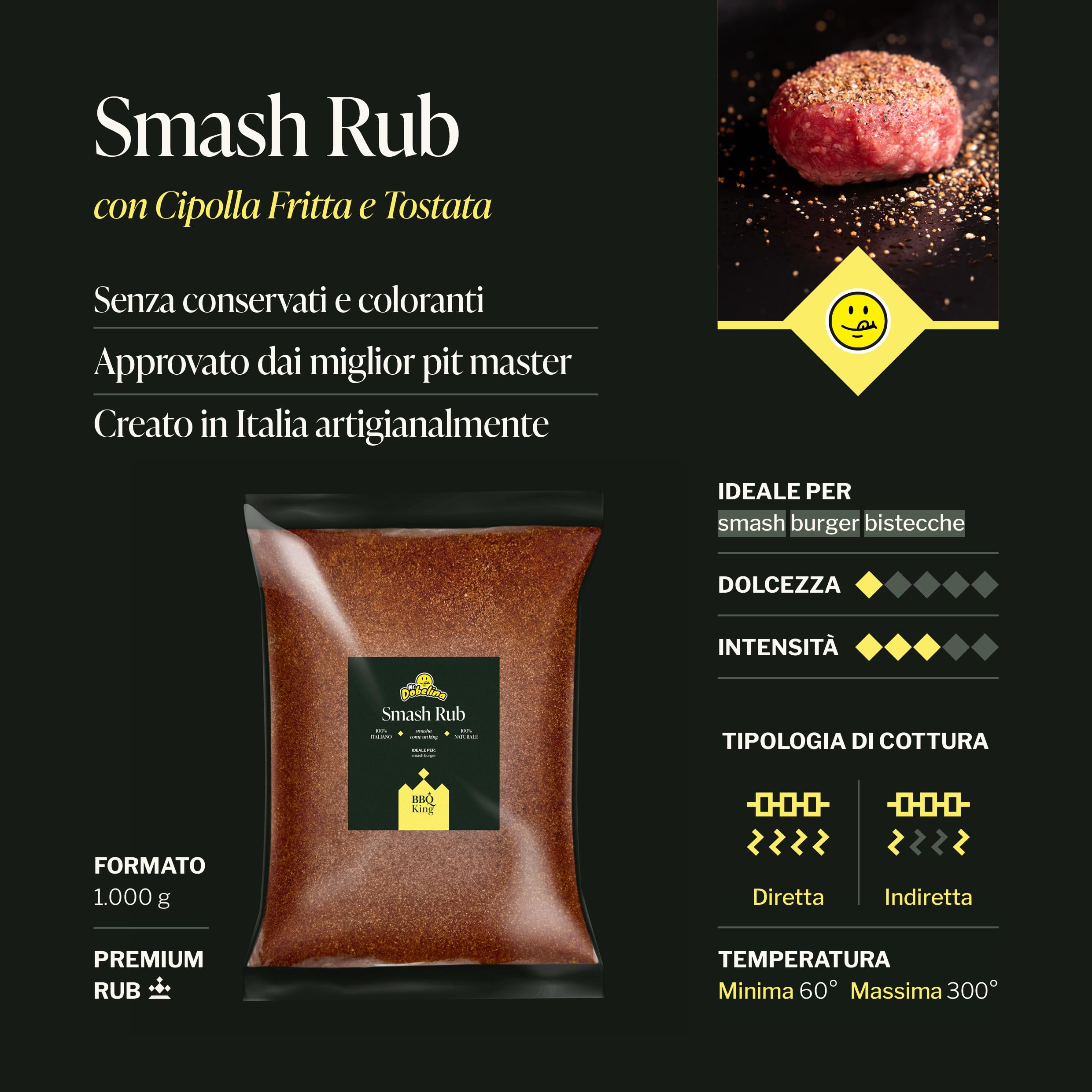 BBQ KING - Smash Rub Envase de 1 kg, Dry Rub para Smash Burger y bistecs, 100% Made in Italy, con cebolla frita tostada, creado en colaboración con MrDobelina